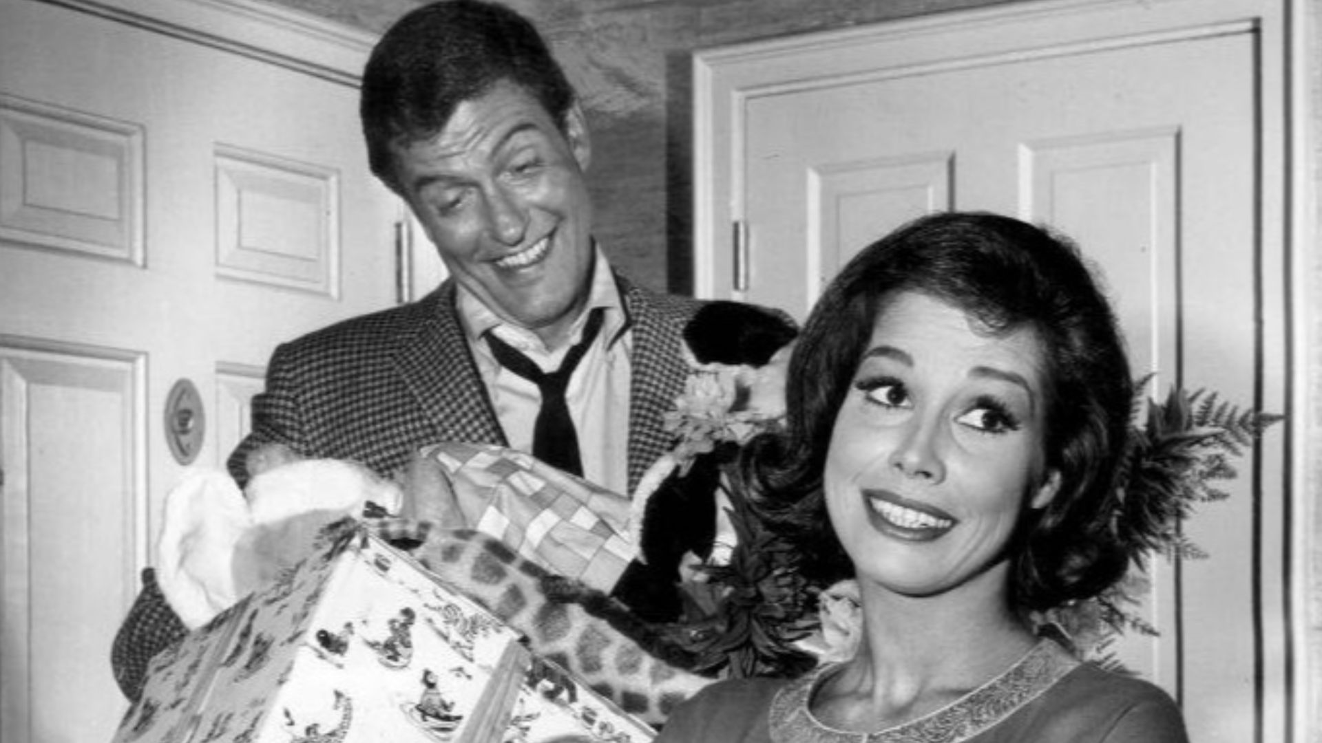 Photo of Dick VanDyke as Rob Petrie and Mary Tyler Moore as Laura Petrie from the television program The Dick VanDyke Show.  In this