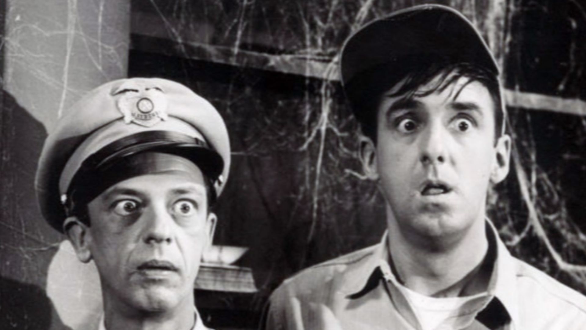Publicity photo from the television program The Andy Griffith Show.  Pictured are Don Knotts (Barney Fife) and Jim Nabors (Gomer Pyle).