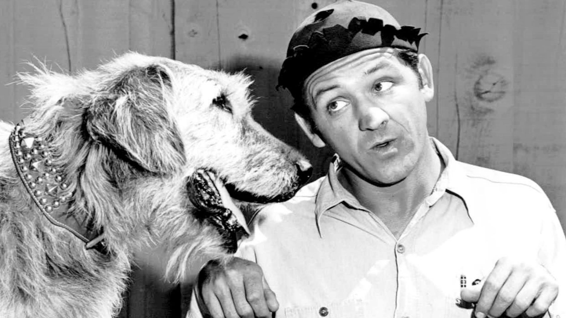 Photo of George Lindsey as Goober Pyle from The Andy Griffith Show.  Goober believes the dog he's found can talk.