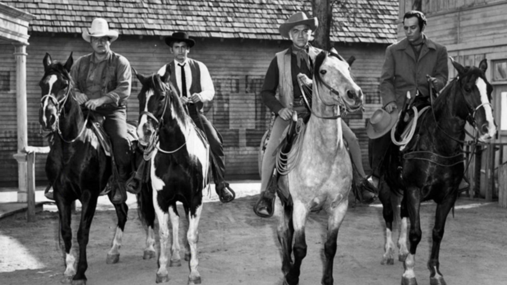 Photo of the main cast of Bonanza.  From left: Dan Blocker (Hoss), Michael Landon (Little Joe), Lorne Greene (Ben), Pernell Roberts (Adam).