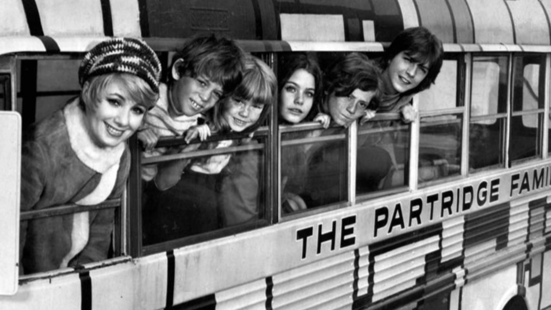 Photo of the cast of the television program The Partridge Family.  This is the first season cast including Jeremy Gelbwaks.  From left: Shirley Jones, Jeremy Gelbwaks, Suzanne Crough, Susan Dey, Danny Bonauce, David Cassidy.