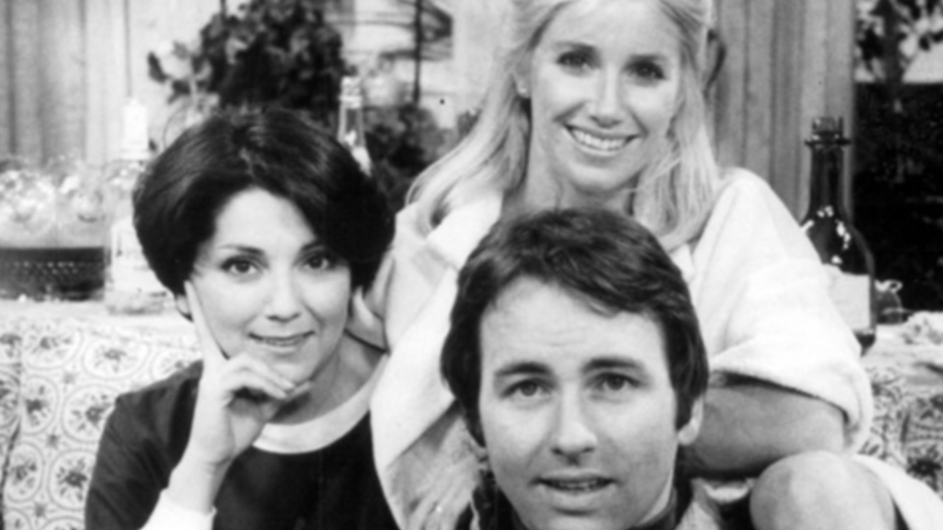 Publicity photo from  Three's Company series premiere. Pictured are Joyce DeWitt, John Ritter and Suzanne Somers.