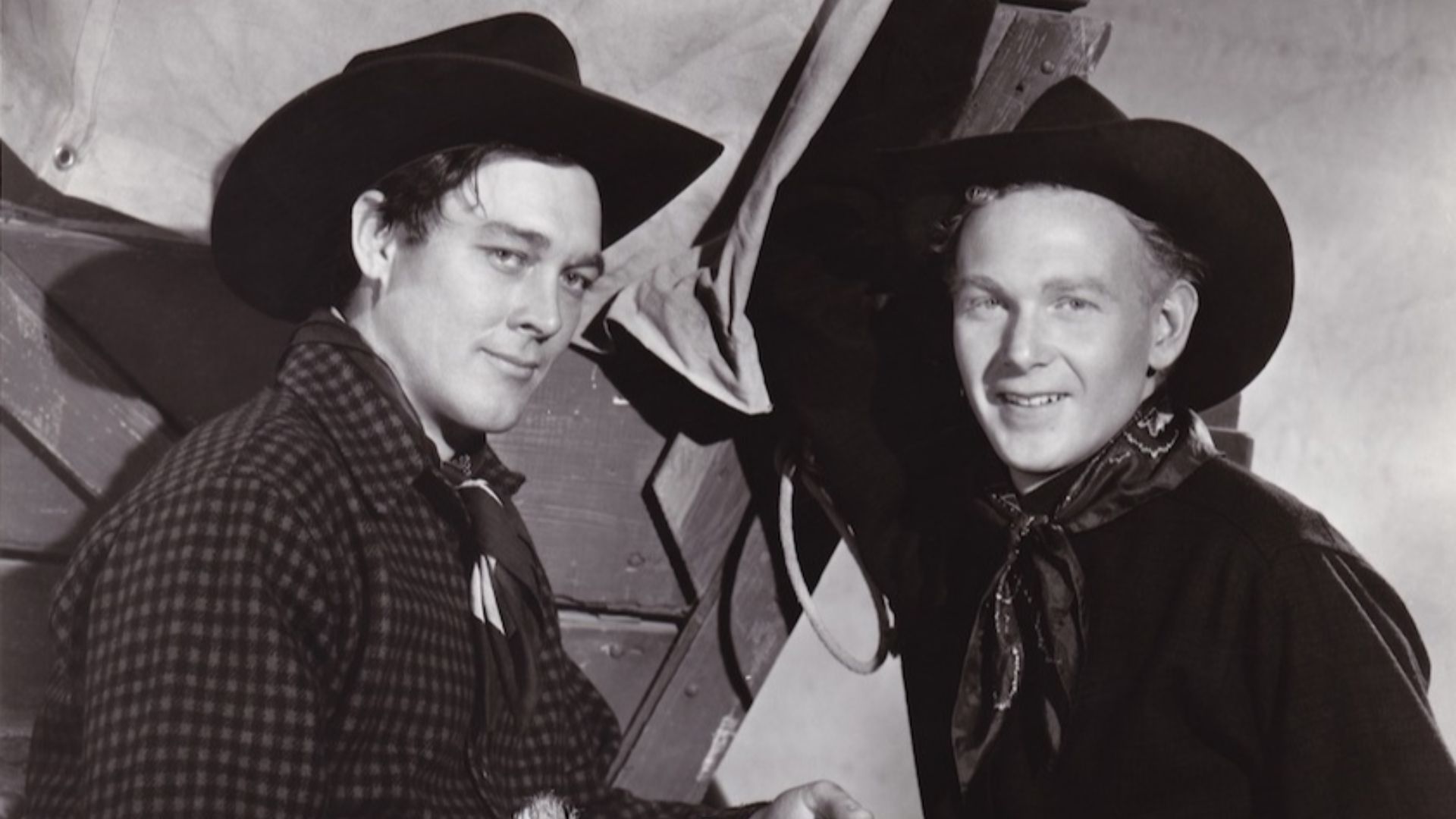 Publicity photograph for the film Wagon Master (1950) showing Ben Johnson and Harry Carey, Jr..
