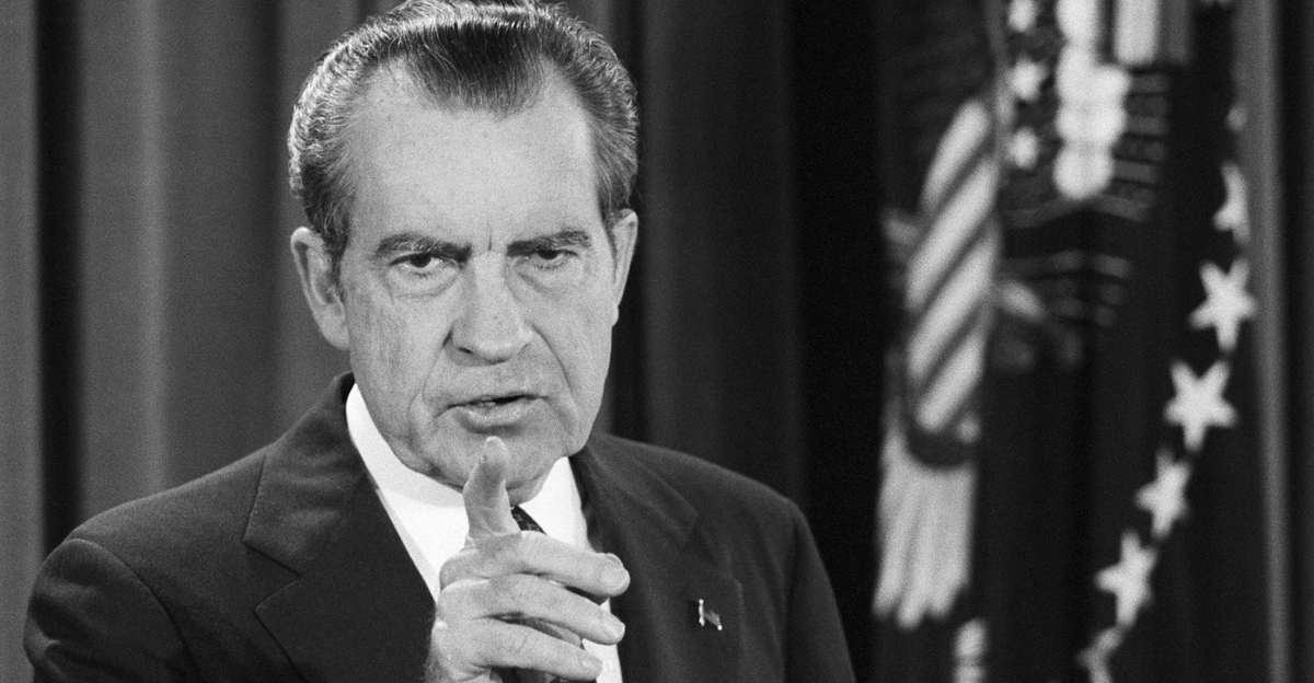 President Richard Nixon points to a reporter during his televised news conference in the East Room of the White House, March 06, 1974