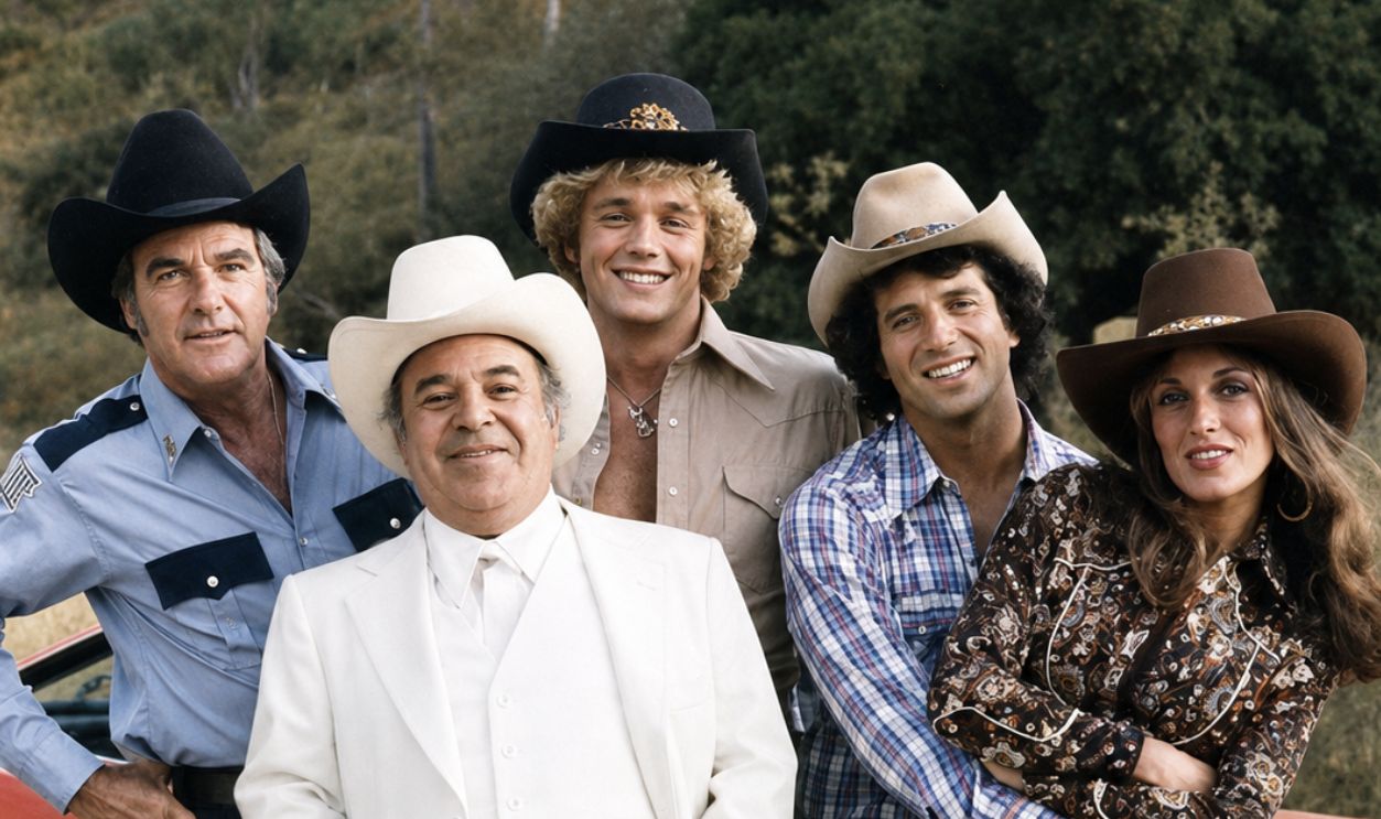The cast of The Dukes of Hazzard in a promotional photo from 1979, from left to right: James Best, Sorrell Booke, John Schneider, Tom Wopat and Catherine Bach. 