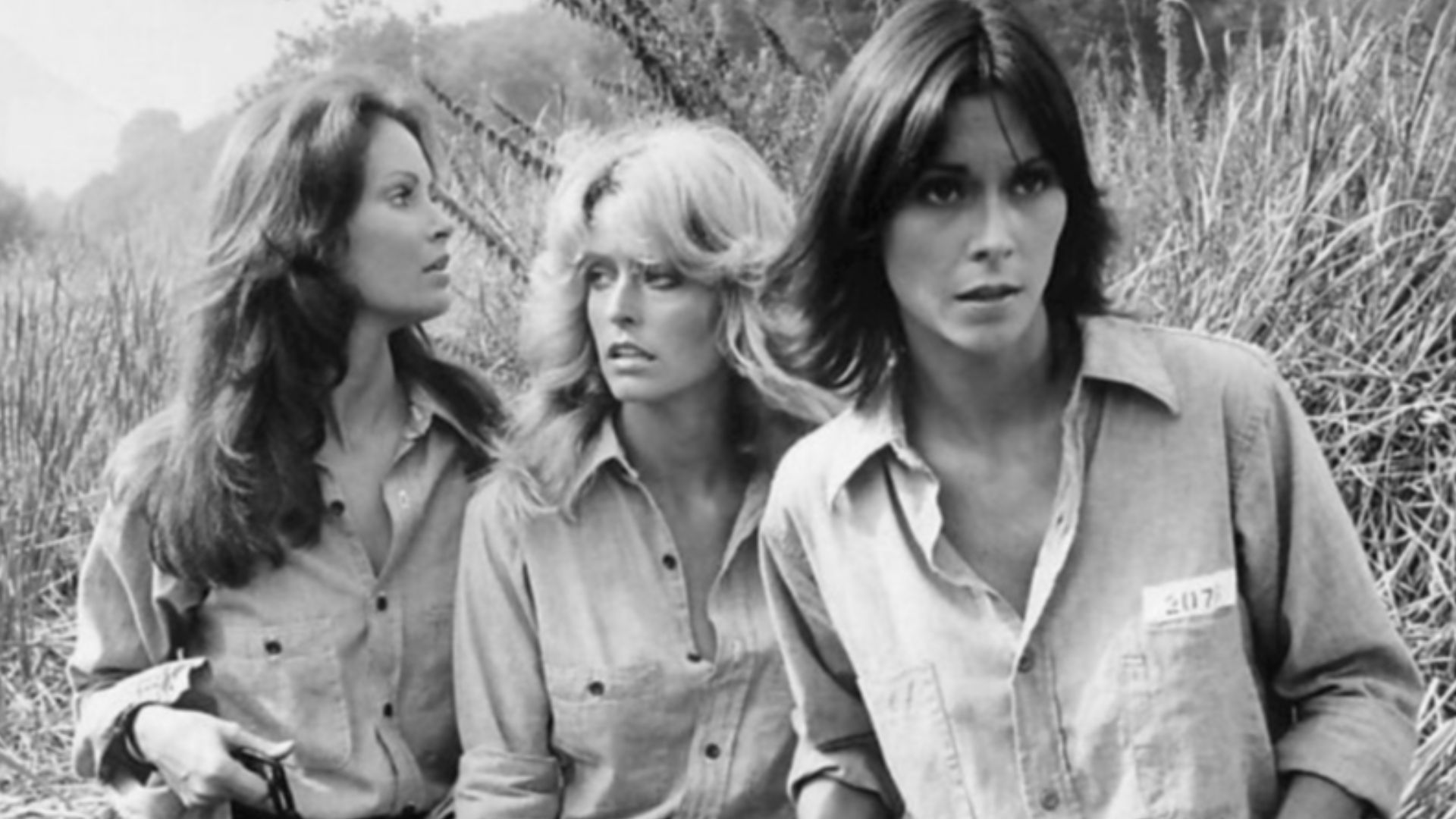 Photo of the original cast of the television series Charlie's Angels.  From left:Jaclyn Smith (Kelly Garrett), Farrah Fawcett (Jill Munroe, credited as