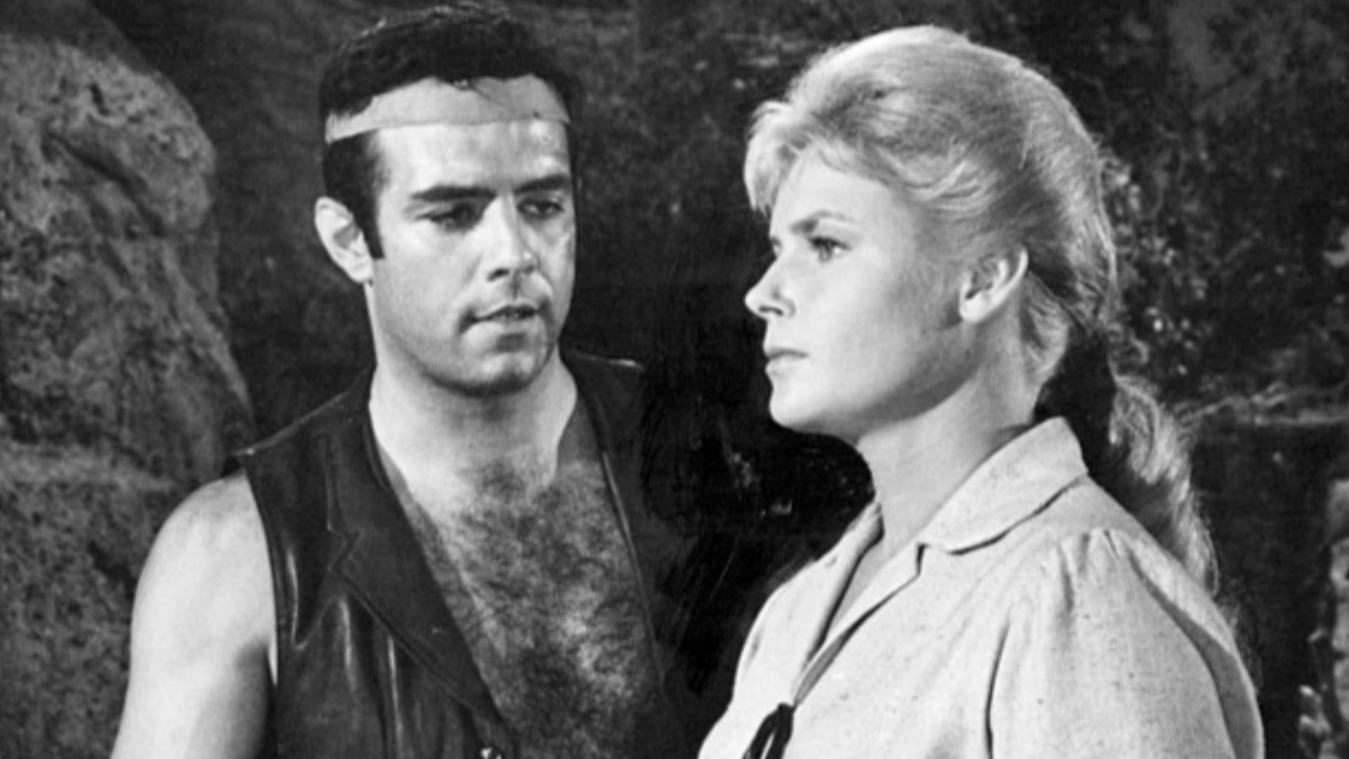 Photo of Pernell Roberts as Adam Cartwright and Anna Lisa from the television series Bonanza.  Anna Lisa plays the White Buffalo Woman and the Indians think she's a spirit.