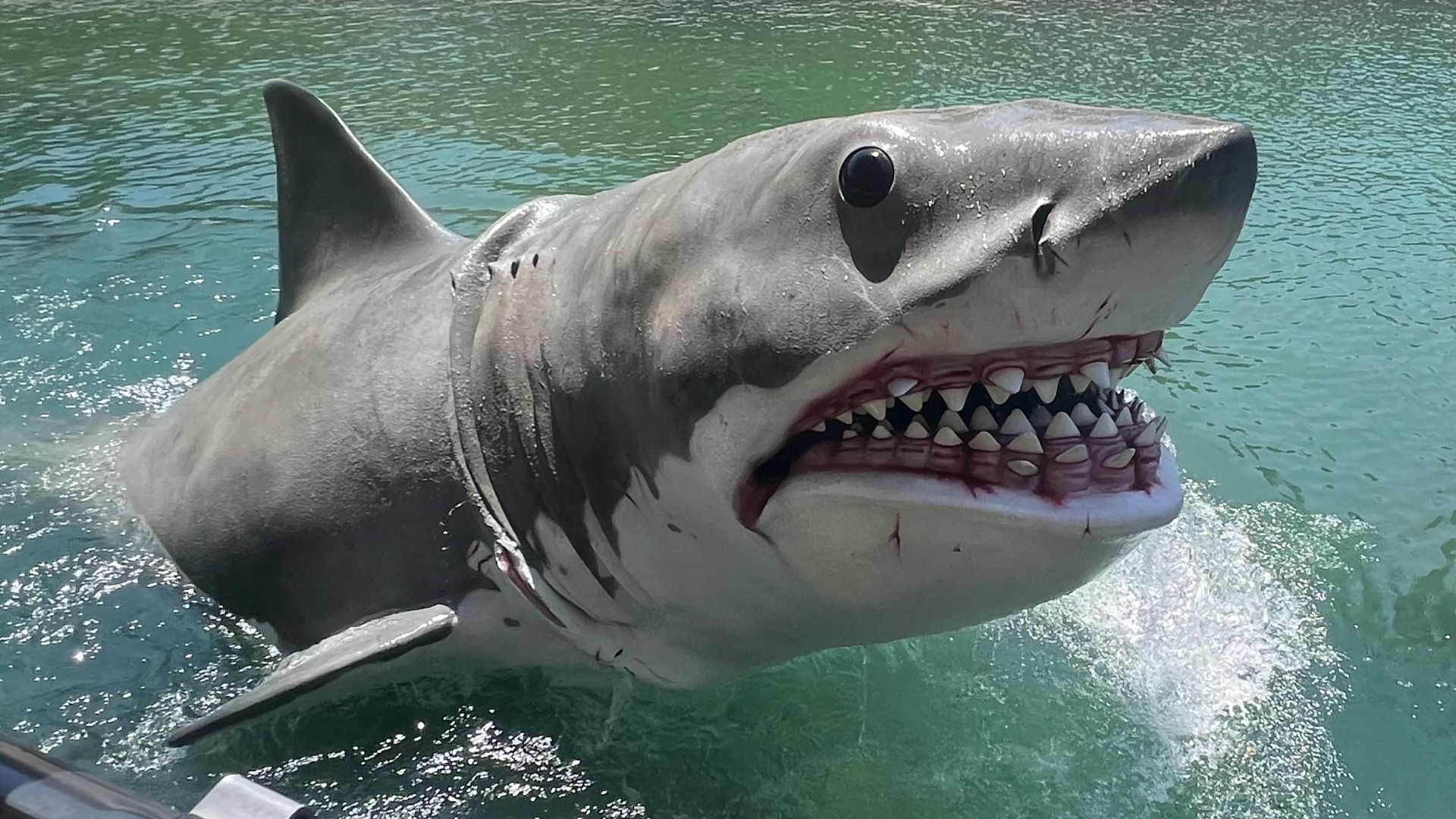 A close-up of a replica of Bruce, the mechanical shark featured in Jaws, at Universal Studios Hollywood.