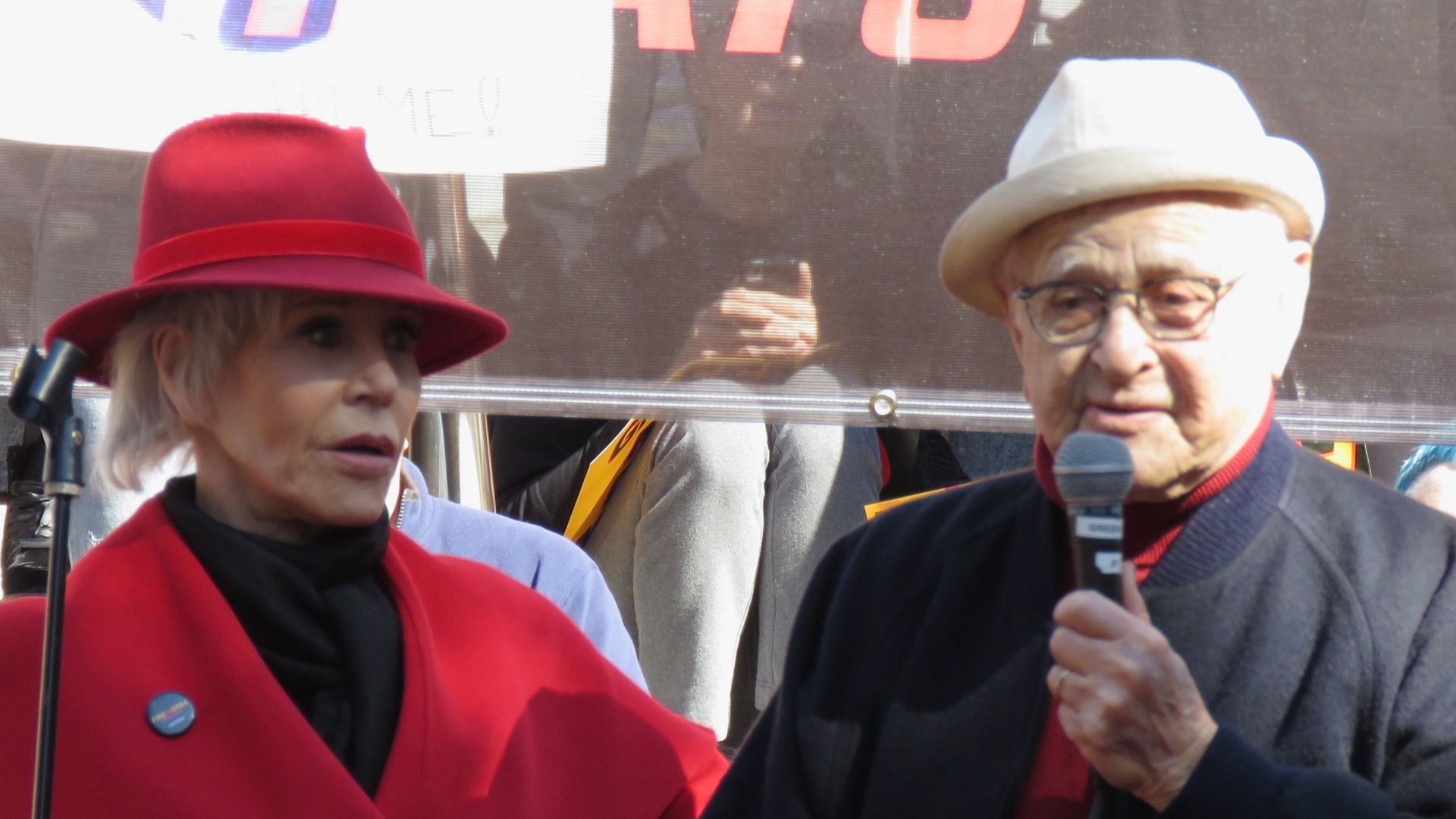 Actor/Activist Jane Fonda and famed television producer Norman Lear at a Fire Drill Fridays climate change awareness rally in downtown Los Angeles.