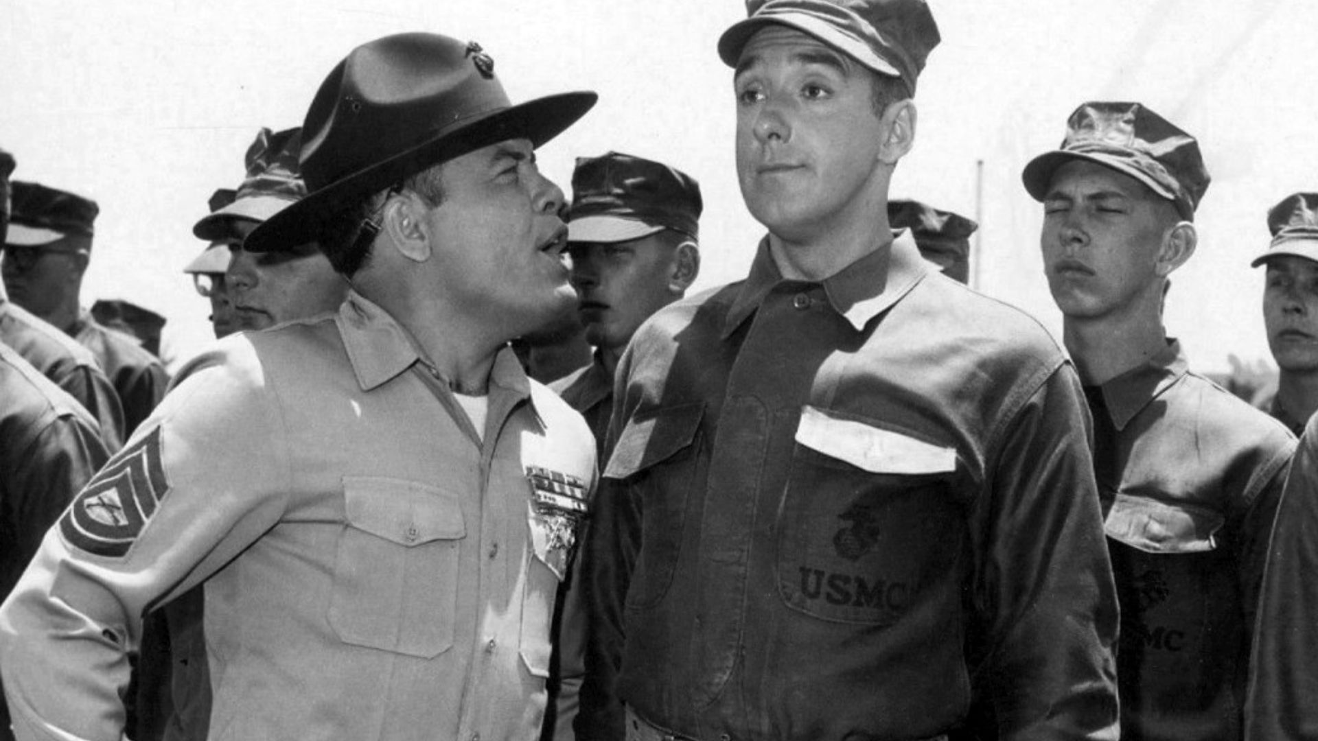 Photo of Jim Nabors as Gomer Pyle and Frank Sutton as Sergeant Carter from the 1964 premiere of Gomer Pyle USMC.