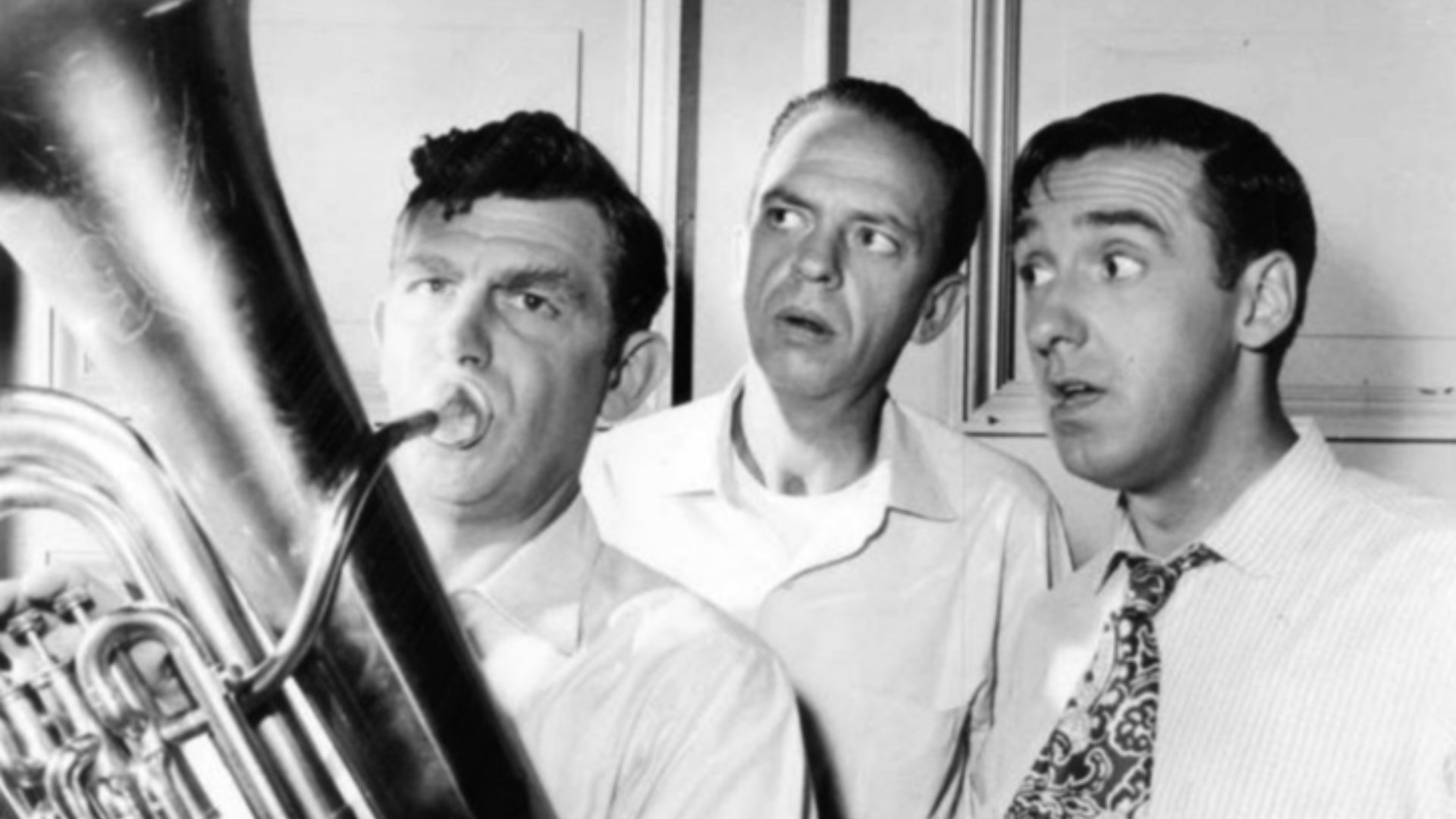 Publicity photo of Andy Griffith, Don Knotts and Jim Nabors from The Andy Griffith Show. Andy tries to help out the town band, but Barney and Gomer aren't so sure he's helping them. The episode is