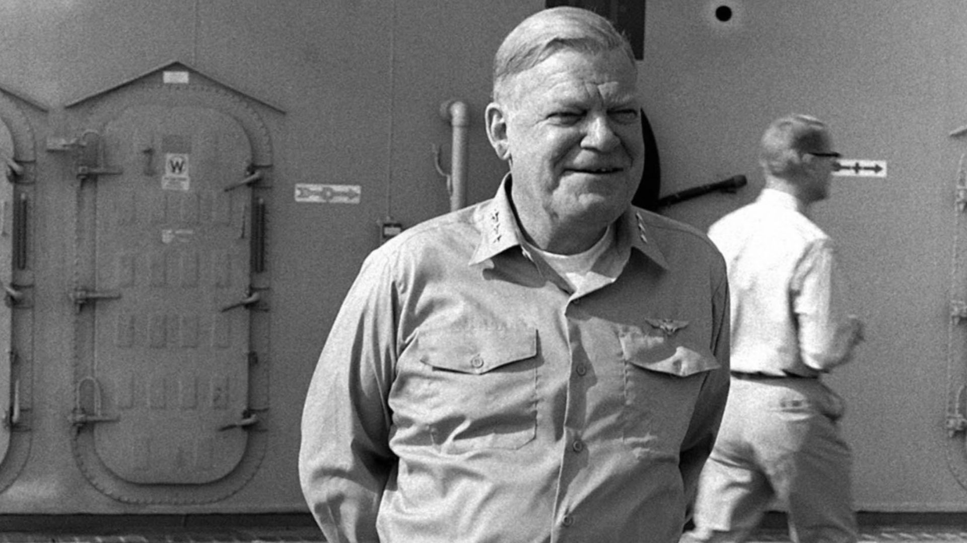 Actor Richard Xavier Slattery played U.S. Navy vice admiral William F. Halsey during a scene from the TV miniseries
