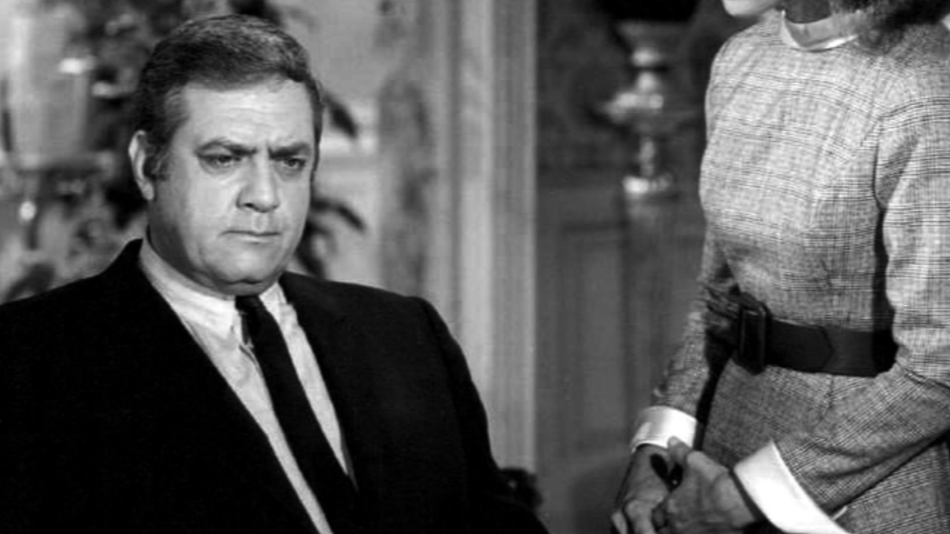 Publicity photo of Raymond Burr and Victoria Shaw from the Ironside television show, episode A Drug on the Market.