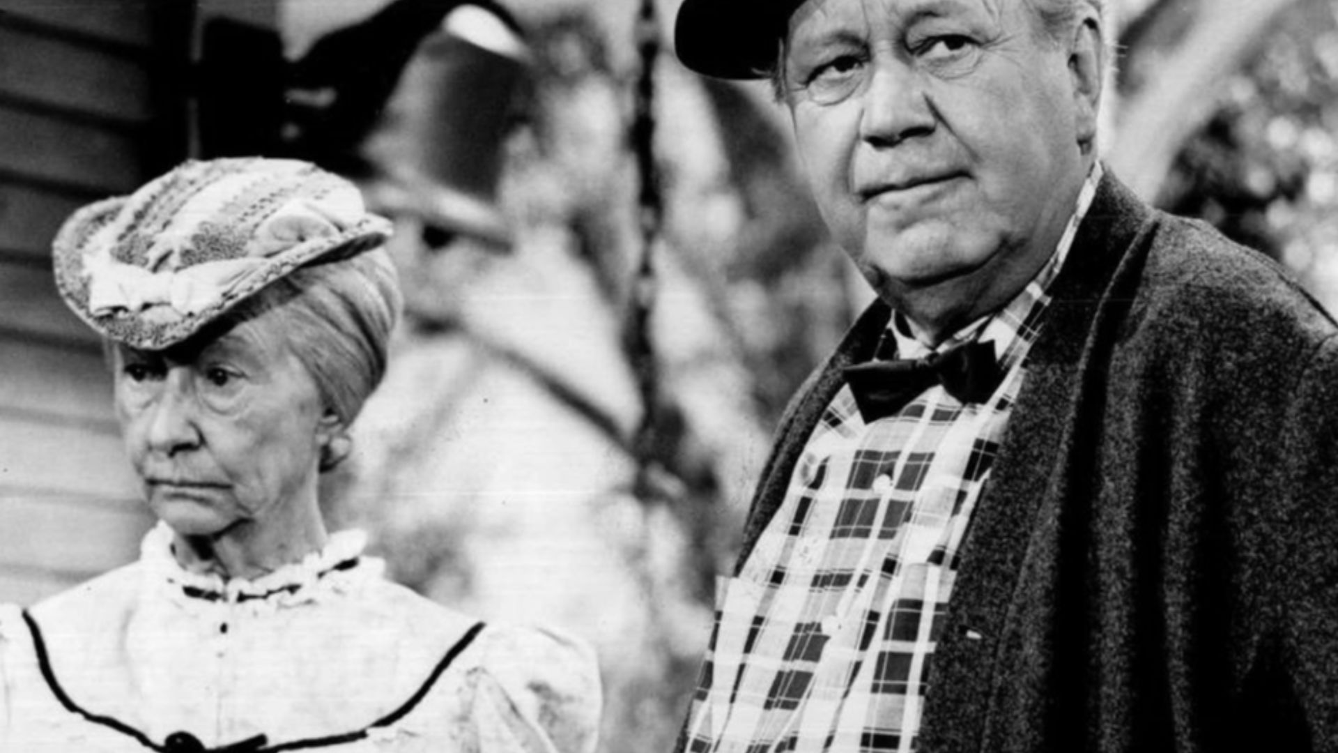 Photo of Irene Ryan and Edgar Buchanan from the television program Petticoat Junction.  Ryan, as Granny Clampett from The Beverly Hillbillies, visits Hooterville and is met by Uncle Joe.