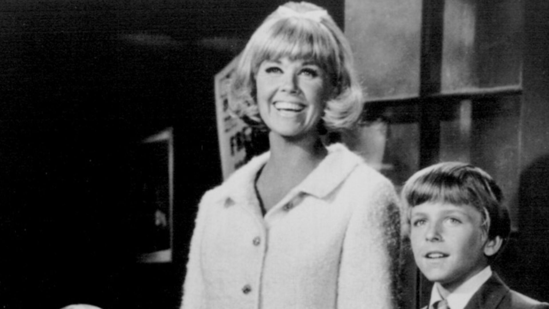 Photo of the main cast of The Doris Day Show when the program premiered in 1968. From left Todd Starke (Billy Martin), Doris Day (Doris Martin) and Philip Browne (Toby Martin). Day played a widow with two young sons.