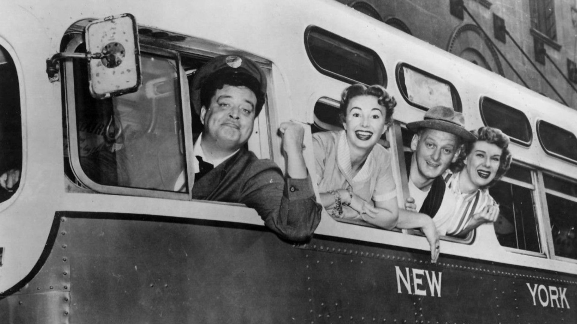 Photo of the complete cast of the television program The Honeymooners.  This was the premiere of the show on CBS as it moved there from the DuMont network.  From left: Jackie Gleason (Ralph Kramden), Audrey Meadows (Alice Kramden), Art Carney (Ed Norton),
