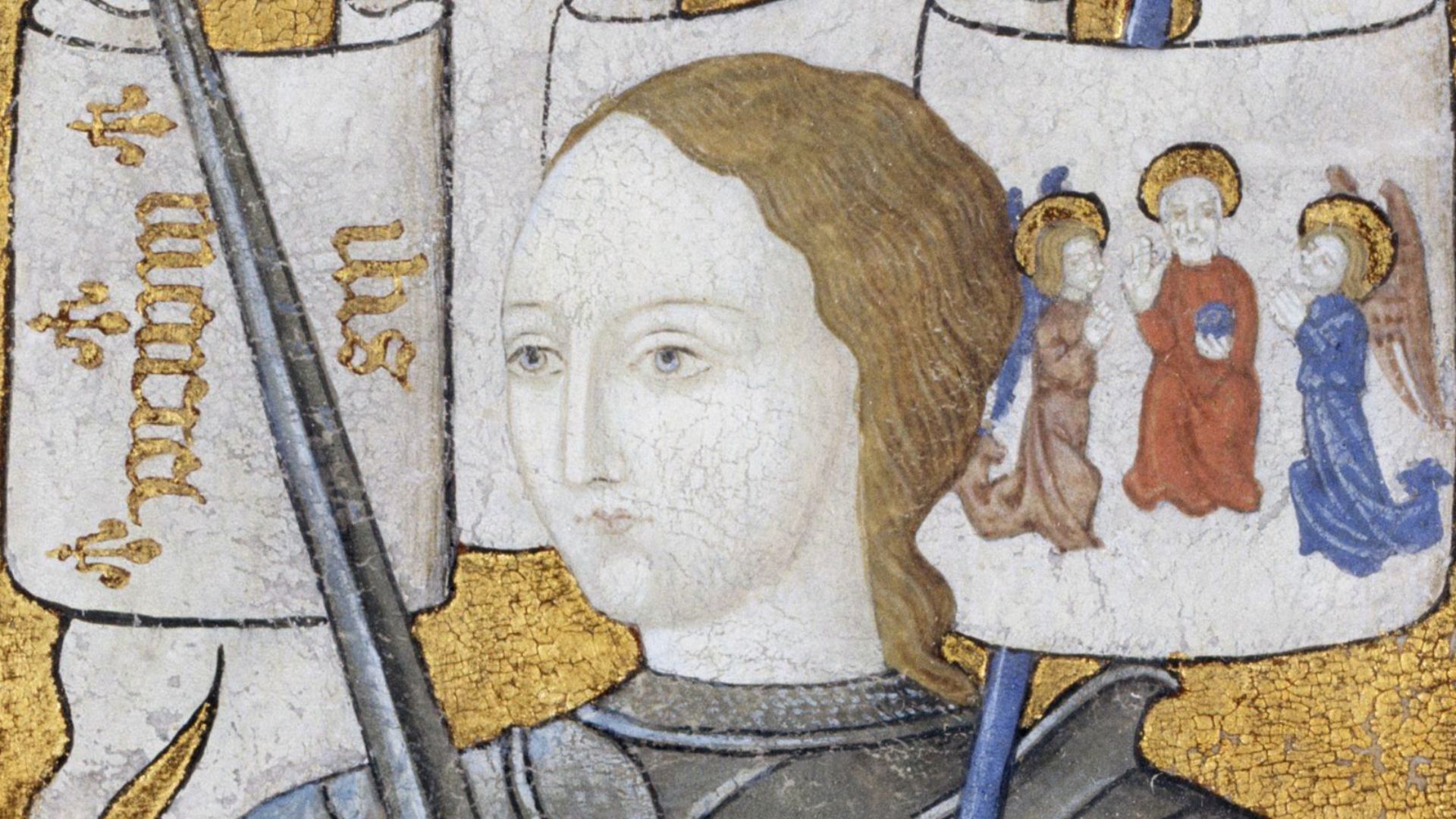 Joan of Arc depicted in an historiated initial. Miniature probably produced in the late 19th century by an anonymous artist, possibly the painter and collector Georges Spetz or the