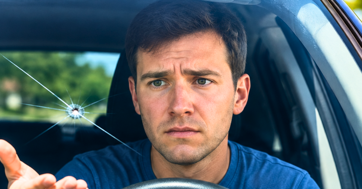 Frustrated Driver Inspecting Windshield Crack
