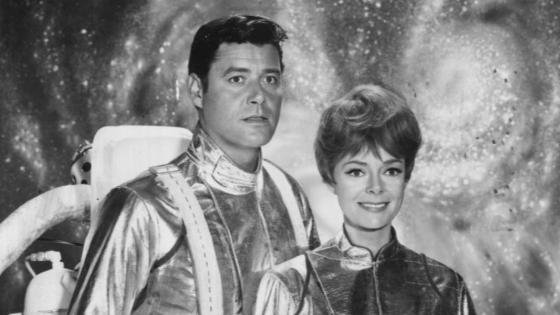 Publicity photo of American actors, Guy Williams and June Lockhart promoting their roles on the CBS television series Lost in Space.