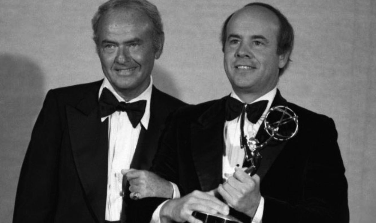 Getty Images - 464242269 - Actor Tim Conway poses with co-star Harvey Korman after winning Best Supporting Actor in Variety or Music. For 'The Carol Burnett Show' at the 30th Annual Emmy Awards on September 17, 1978 at Pasadena Civic Auditorium in Pasadena, California.