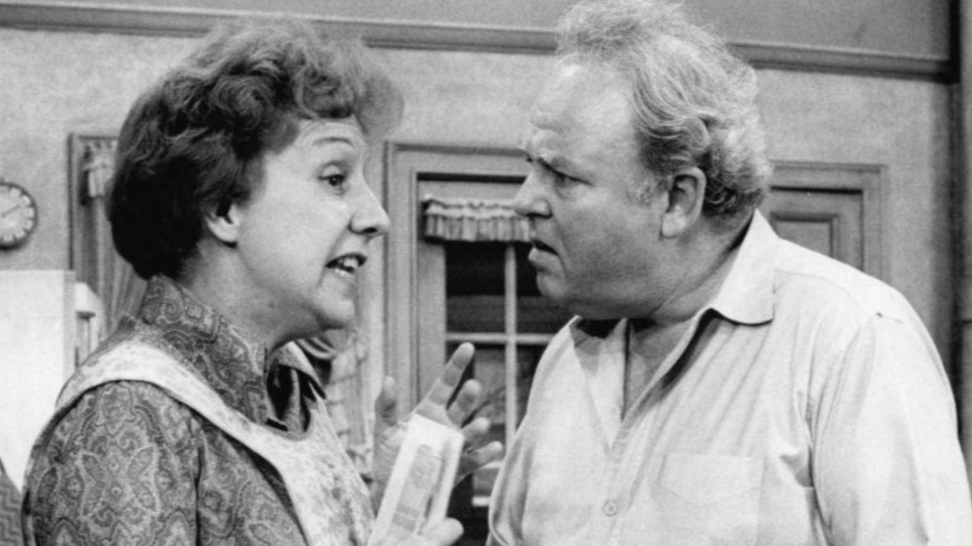 Photo of Jean Stapleton and Carroll O'Connor as Archie and Edith Bunker from the television program All In the Family.