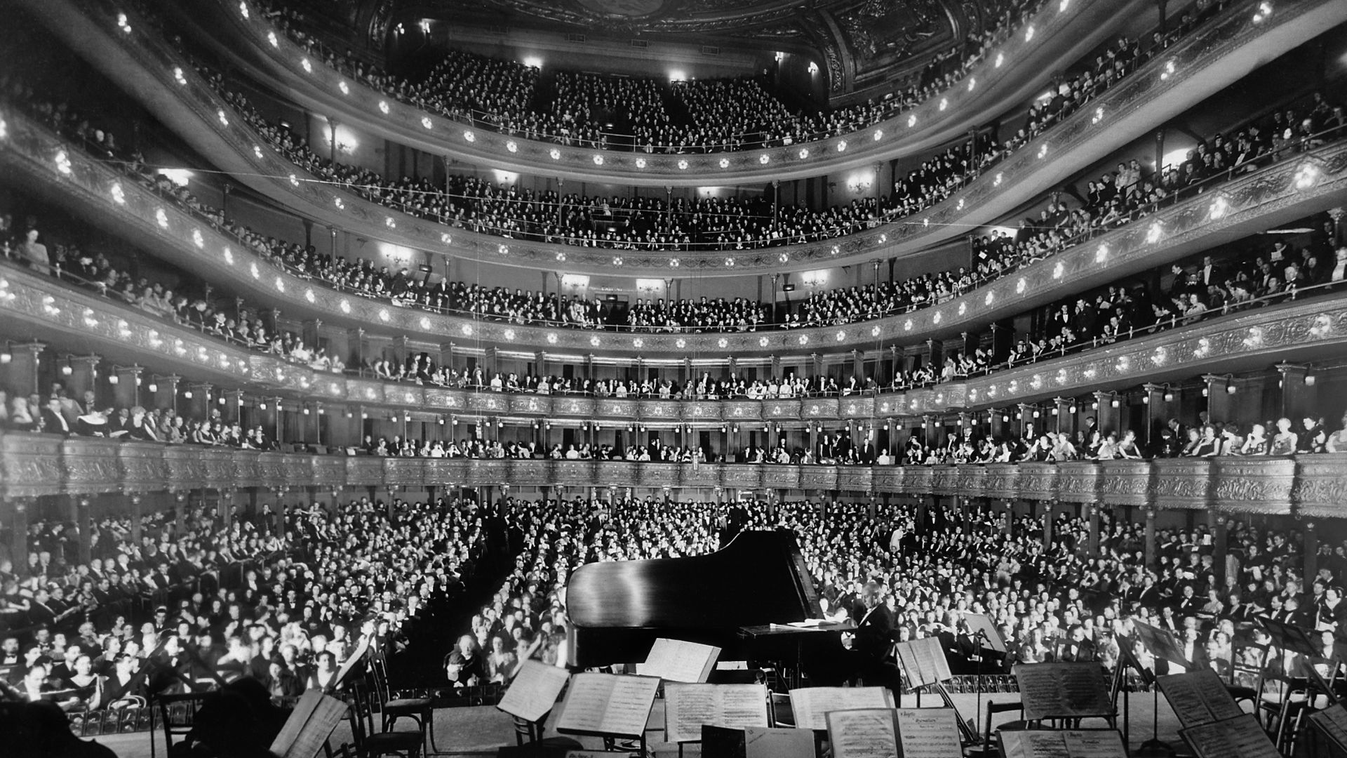 The former Metropolitan Opera House (39th St) in New York City. 
A full house, seen from the rear of the stage, at the Metropolitan Opera House for a concert by pianist Josef Hofmann, November 28, 1937.