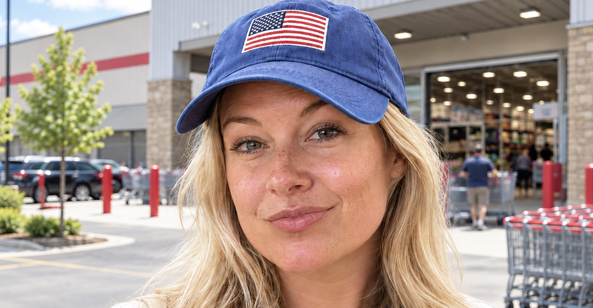 AI-generated image of an American woman standing outside a big-box store.