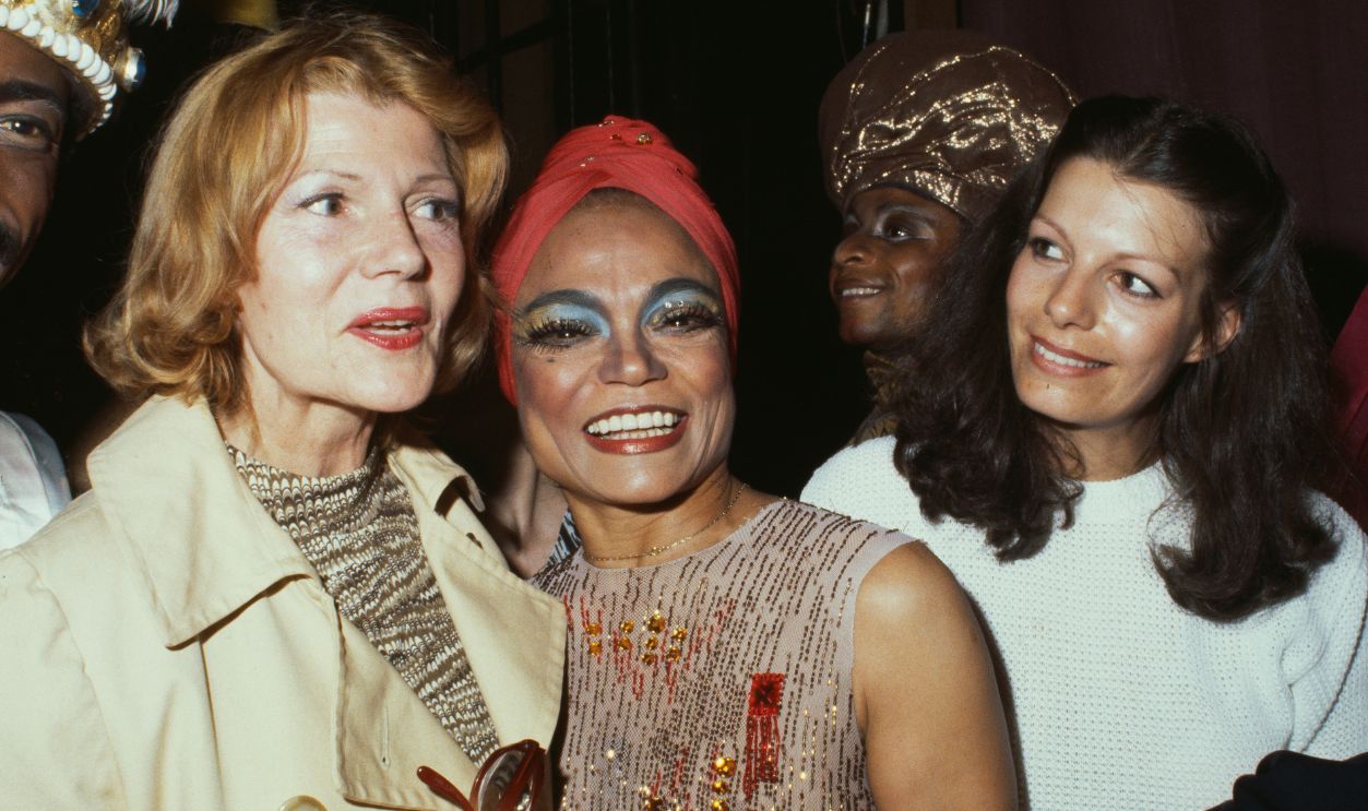 American actress Rita Hayworth (left) and her daughter, Princess Yasmin Aga Khan (right), visit Eartha Kitt at the Mark Hellinger Theater in New York, following Kitt's performance in the musical 'Timbuktu', June 7th 1978.