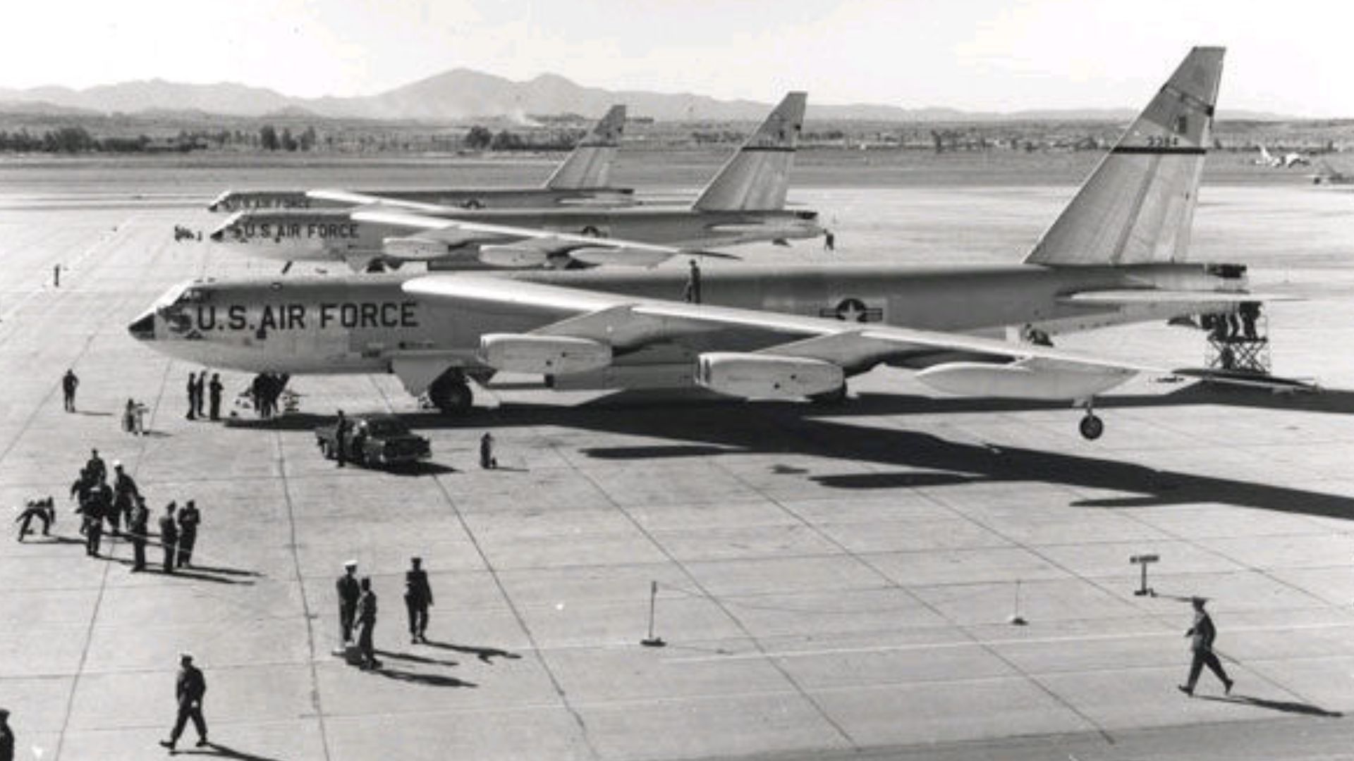 Three B-52Bs of the 93rd Bombardment Wing prepare to depart for Castle Air Force Base, Calif., after their record-setting round-the-world flight in 1957.
Source: United States Air Force Historical Research Agency - Maxwell AFB, Alabama