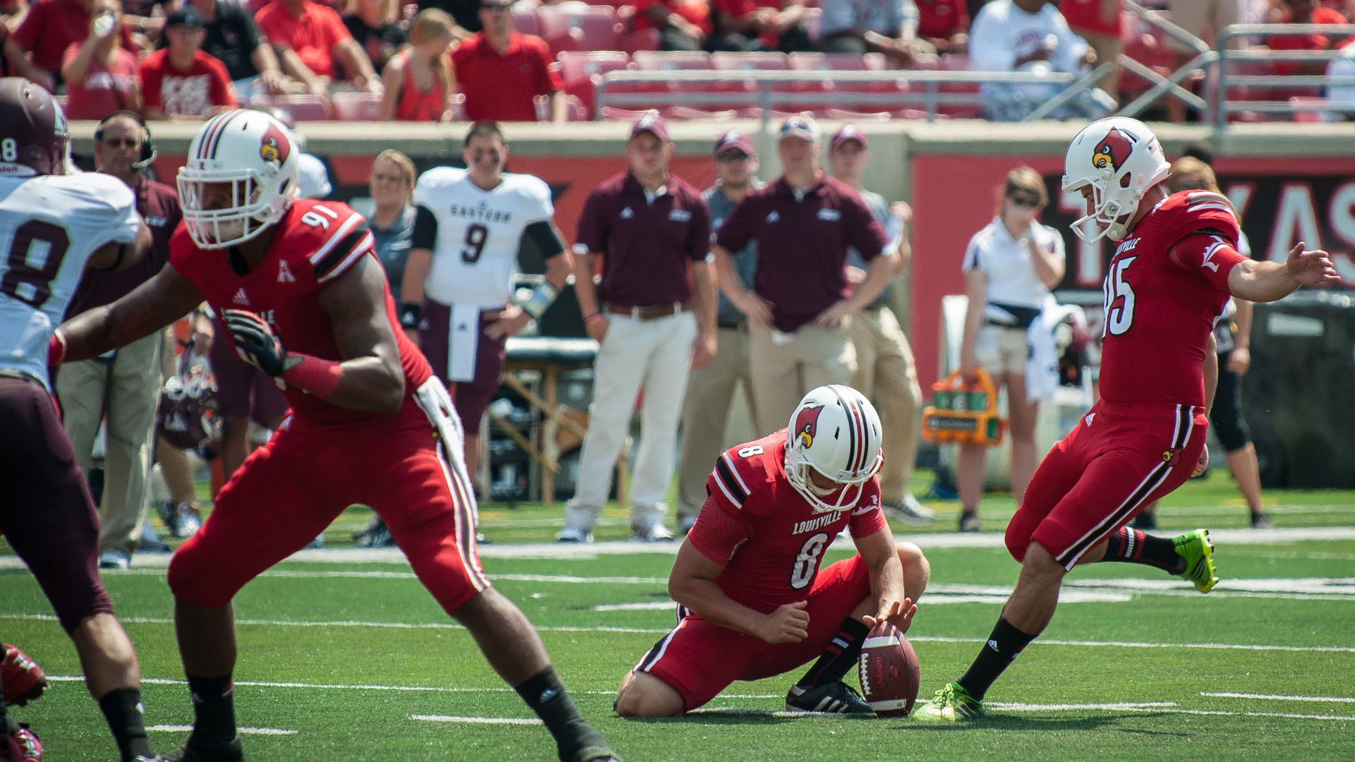 Louisville kicks a field goal during the University of Louisville-Eastern Kentucky University football game at Papa John’s Cardinal Stadium in Louisville, Ky., Sept. 7, 2013. Billed as Military Appreciation Day, the game featured a number of events to hig