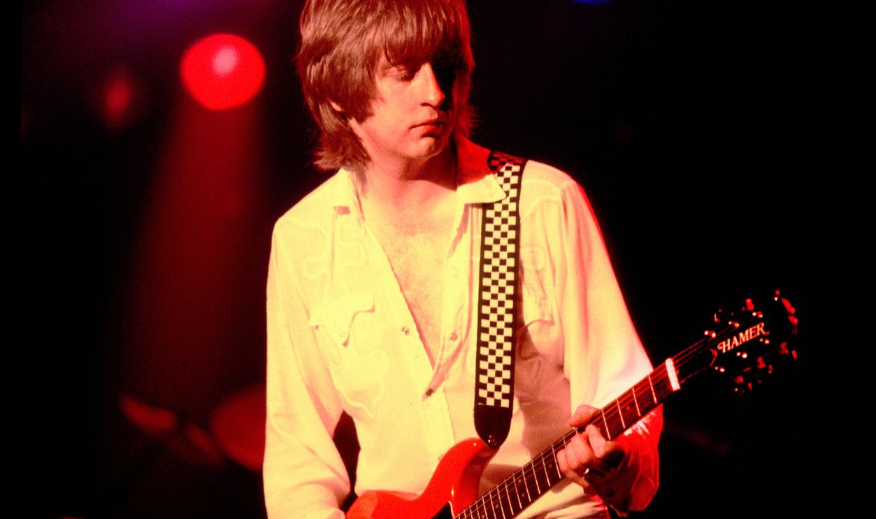 British musician James Honeyman-Scott (1956 - 1982), of the group Pretenders, plays guitar as he performs at the Aragon Ballroom in Chicago, Illinois, August 22, 1981