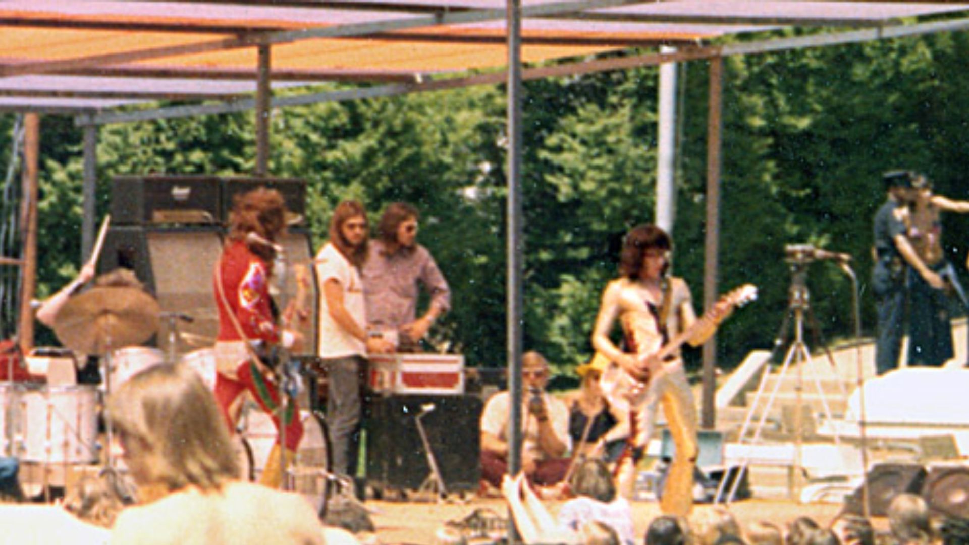 Brownsville Station on stage in Charlotte, NC at rock concert held at Charlotte Memorial Stadium, 1972.