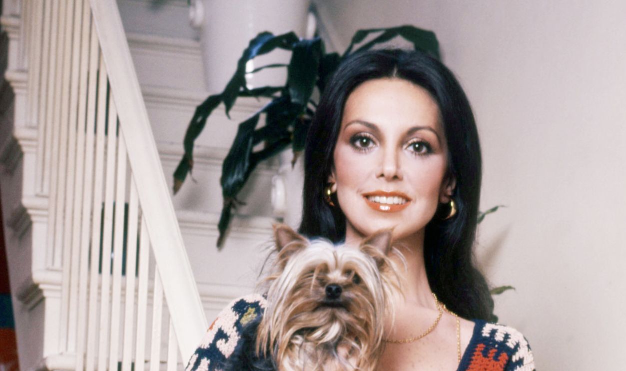 American actress Marlo Thomas holding a Yorkshire terrier, circa 1970.