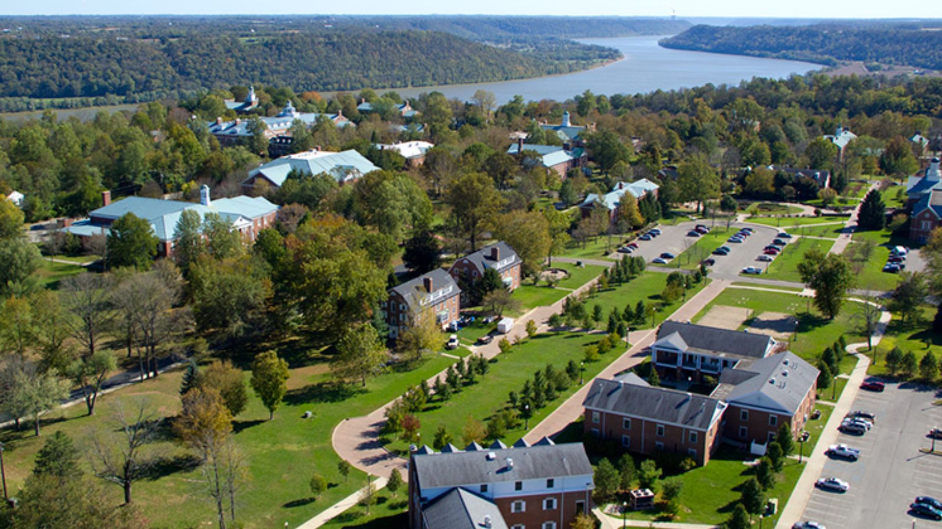Aerial photograph of the Hanover College campus, shot facing west-southwest.