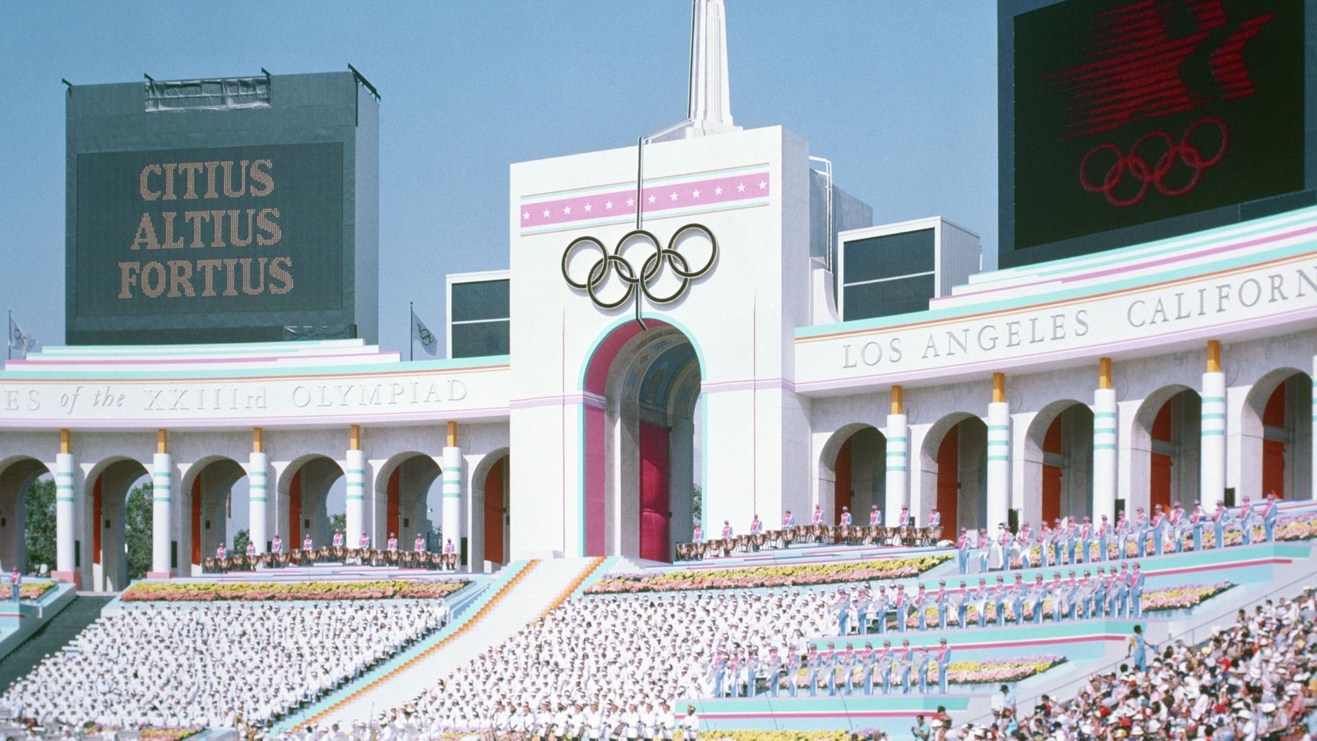 Olympic Torch Tower of the Los Angeles Coliseum on the day of the opening ceremonies of the 1984 Summer Olympics.