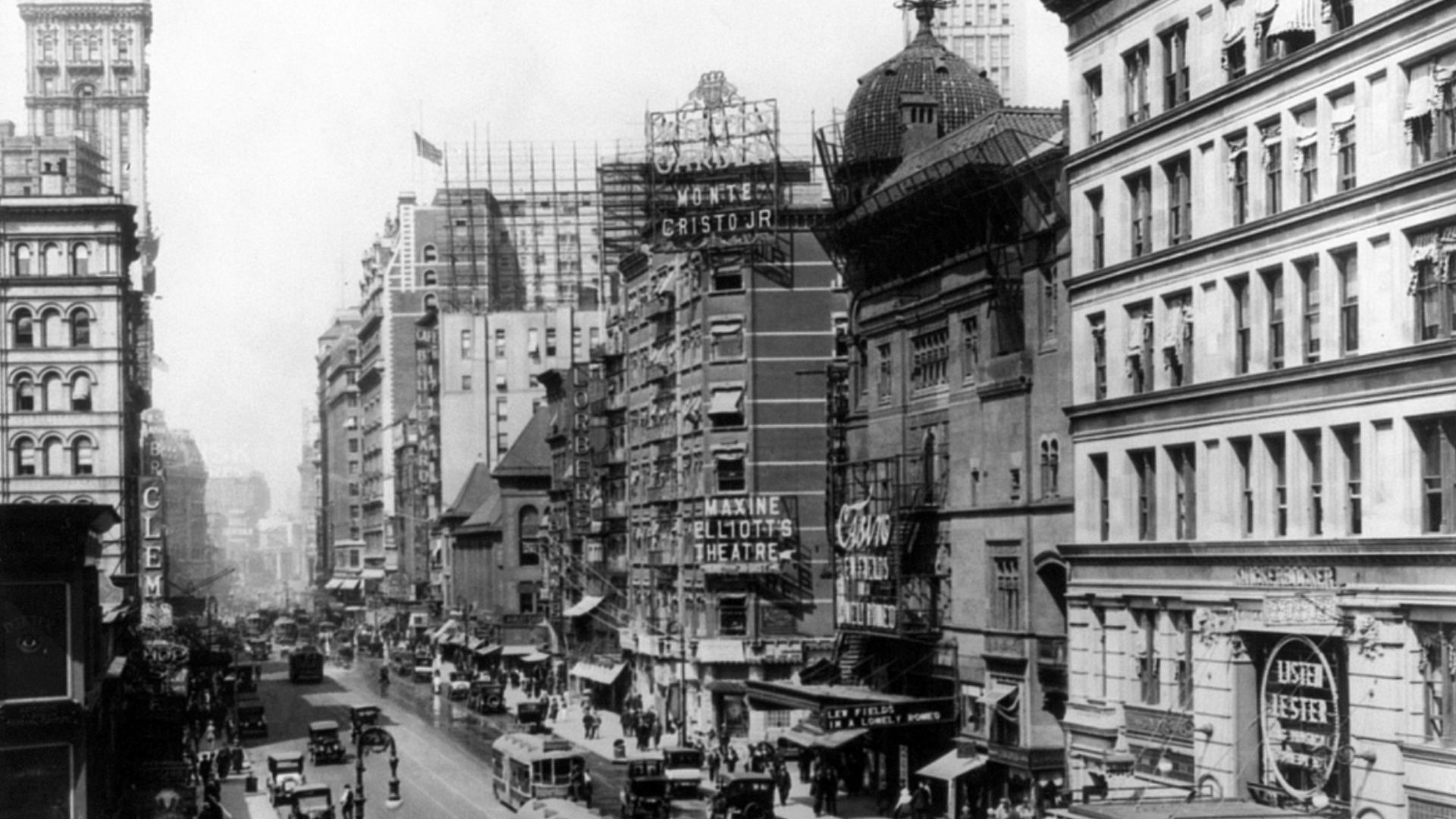 Broadway north from 38th St., New York City, showing the Casino and Knickerbocker Theatres, a sign pointing to Maxine Elliott's Theatre, which is out of view on 39th Street, and a sign advertising the Winter Garden Theatre, which is out of view on 50th St