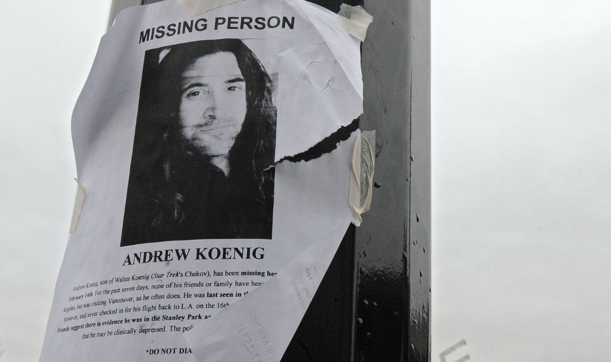 A missing persons poster for actor Andrew Koenig is seen on a light pole in front of the Olympic Cauldron on February 24, 2010 in Vancouver, Canada. Koenig who was best known for his role on the TV show