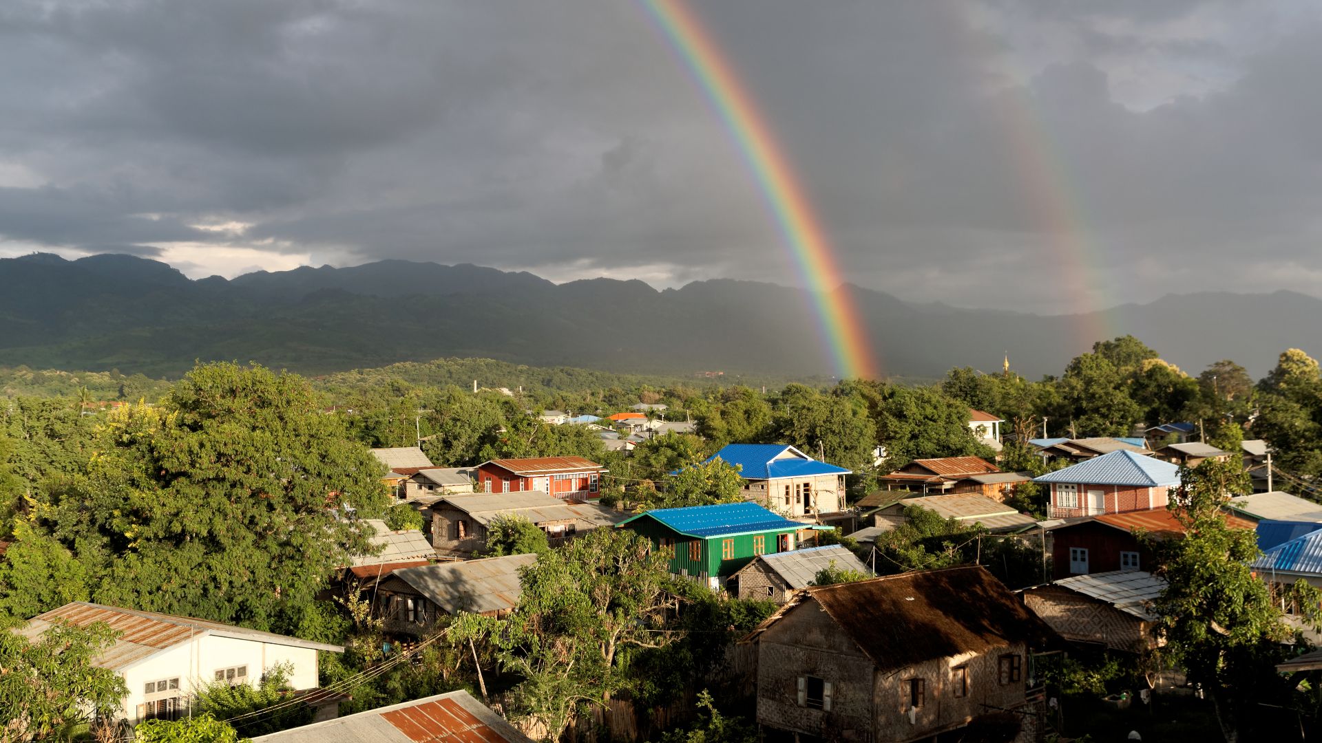 Double rainbow over Nyaung Shwe town in Myanmar