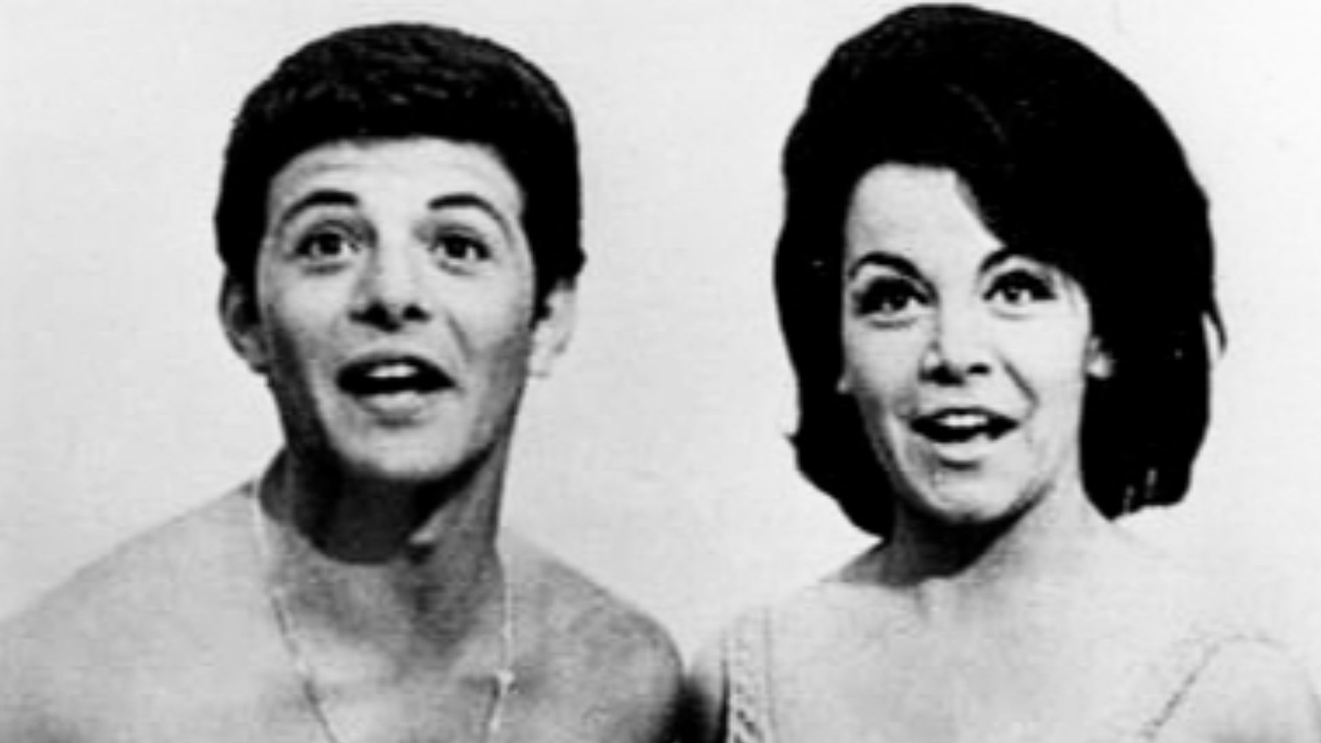 Publicity photo of American entertainers Frankie Avalon and Annette Funicello depicting their roles in the series of Beach Party films they popularized during the mid-1960s. The attached newspaper clippings which published the photo do not provide a spec