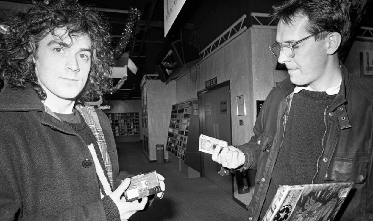 Portrait of Bill Drummond (right, alias King Boy D) and Jimmy Cauty (left, alias Rockman Rock) of the KLF