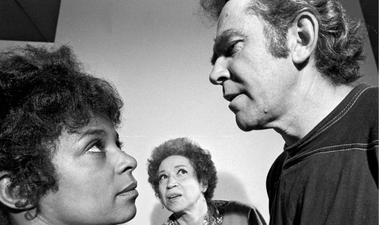 Playwright Alice Childress photographed with the stars of her interracial love story