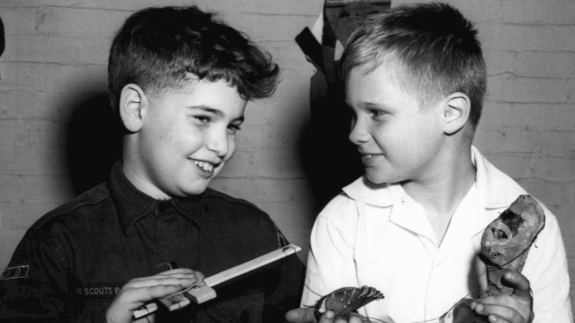 Photo of Boston Cub Scout Peter Finn (left) and Brandon deWilde as deWilde was made an honorary member of the local scout pack.