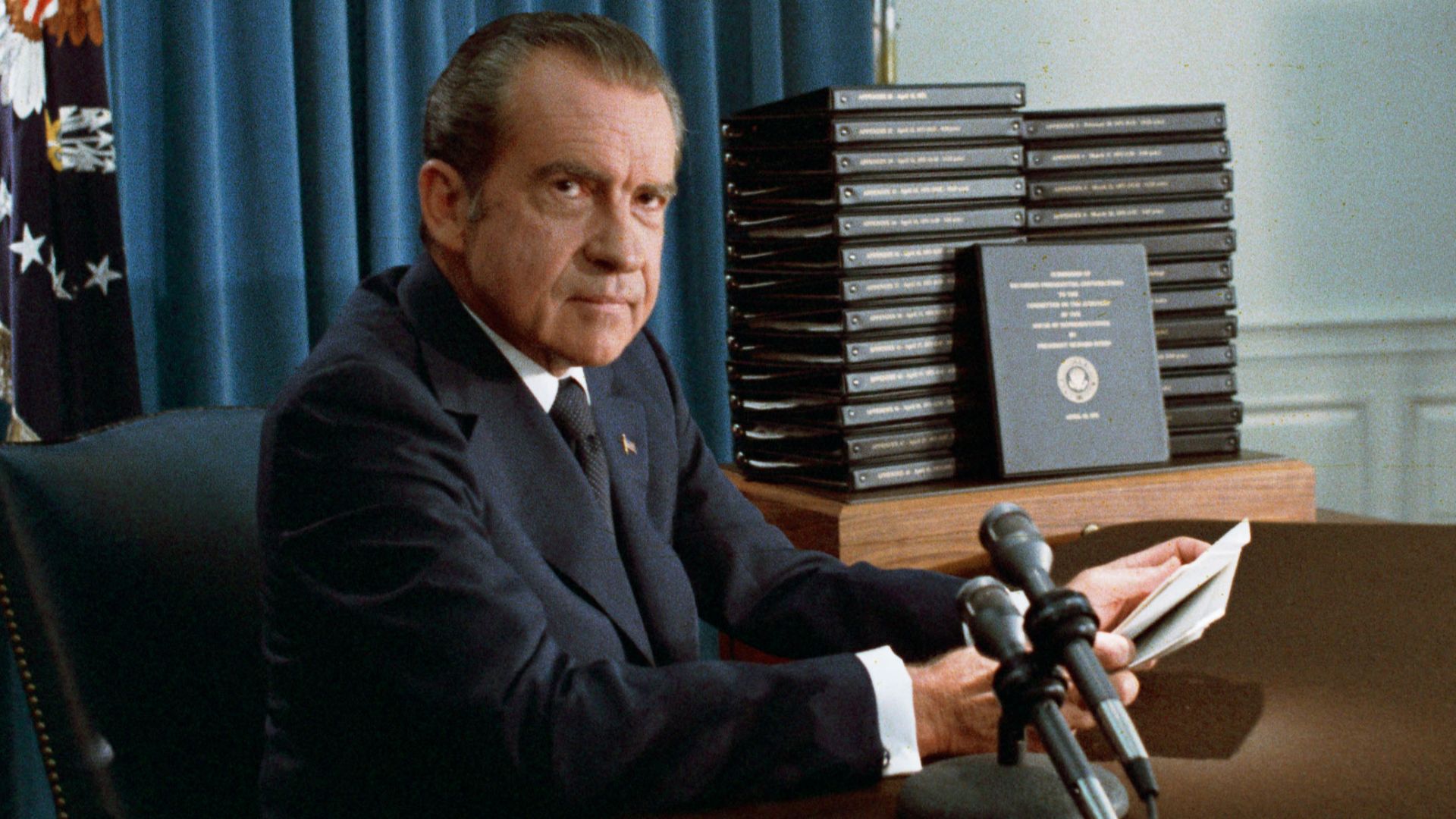 President Nixon, with edited transcripts of Nixon White House Tape conversations during broadcast of his address to the Nation.

Access  Restrictions: Unrestricted
Use Restrictions: Unrestricted
Roll-Frame number:   WHPO C1269-20