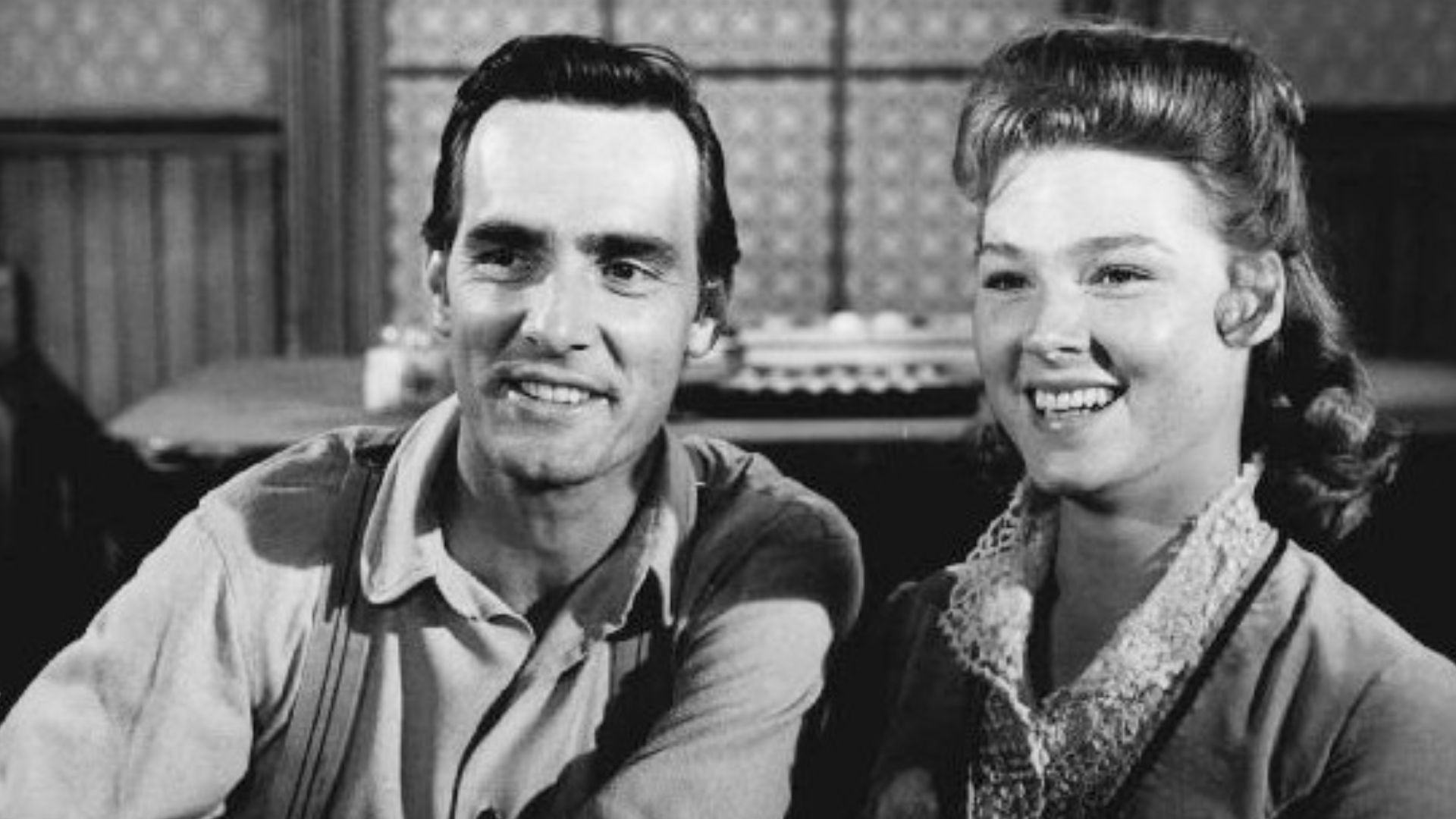 Photo of Dennis Weaver as Chester Goode and guest star Mariette Hartley from the television program Gunsmoke.