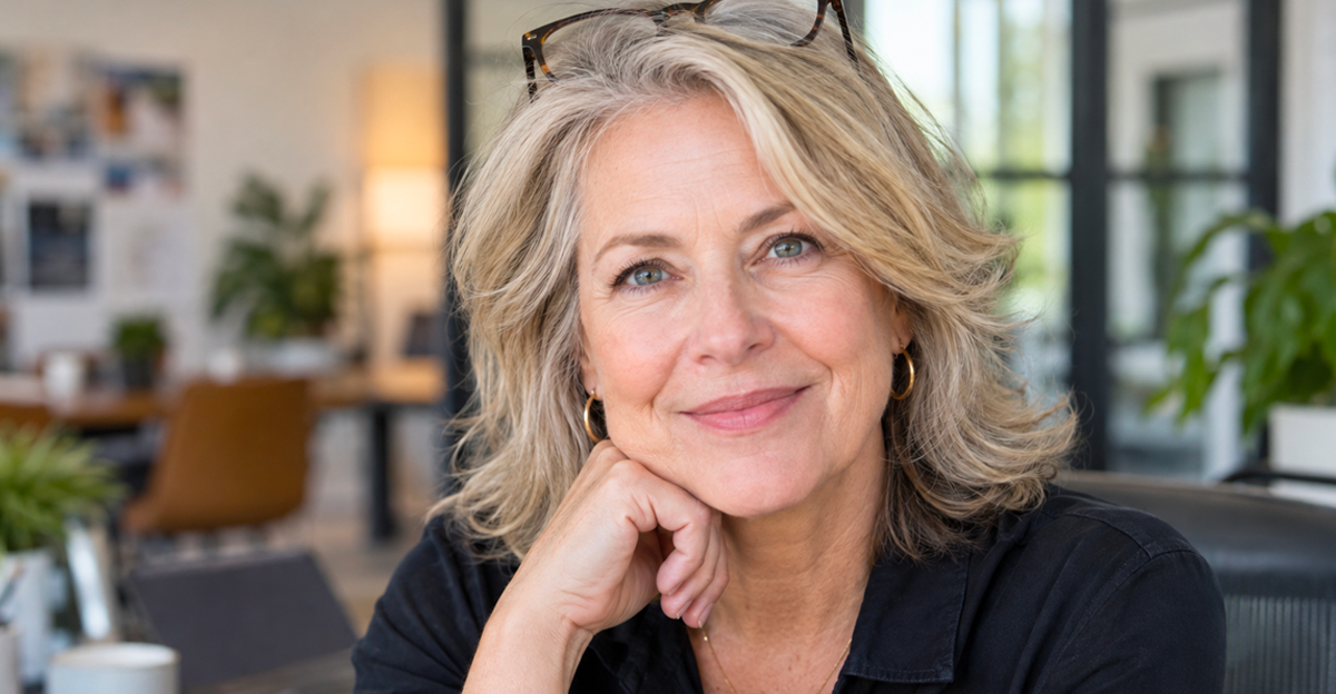 Confident, smiling middle-aged businesswoman with glasses