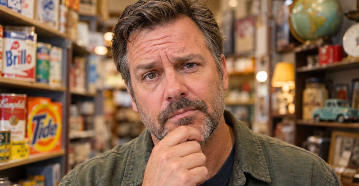 Thoughtful middle-aged man in a store with products on the shelves behind him