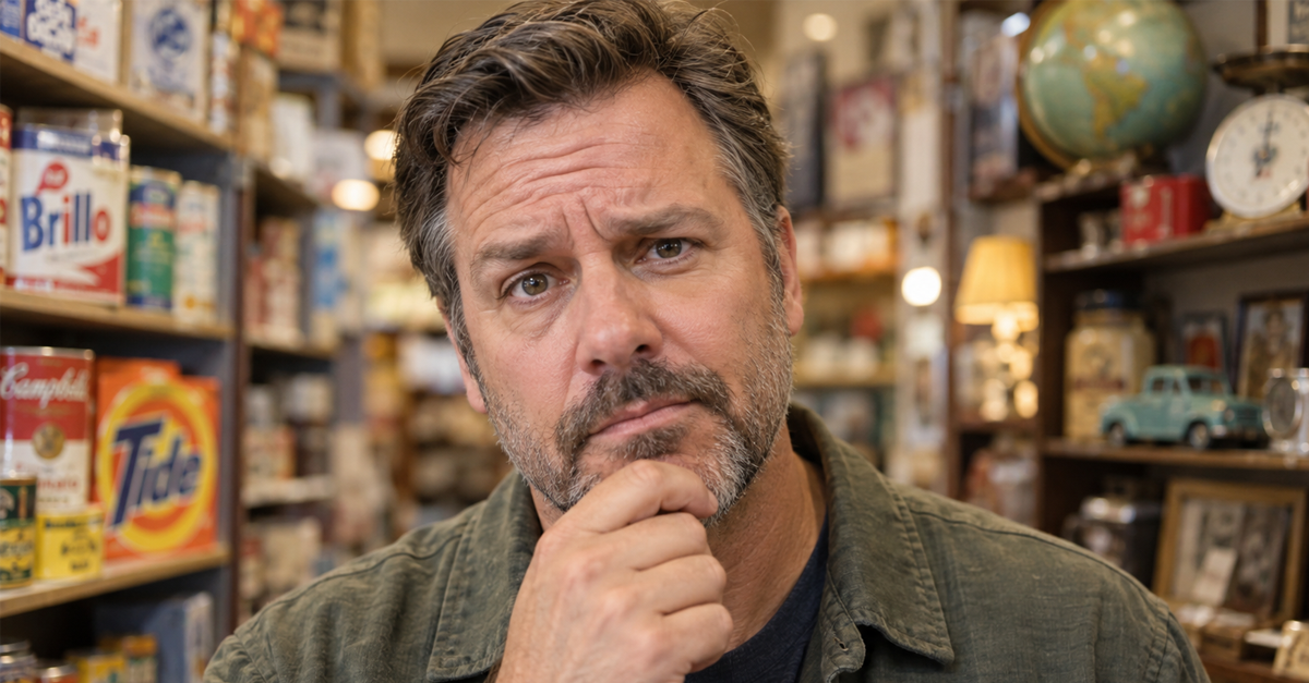 Thoughtful middle-aged man in a store with products on the shelves behind him