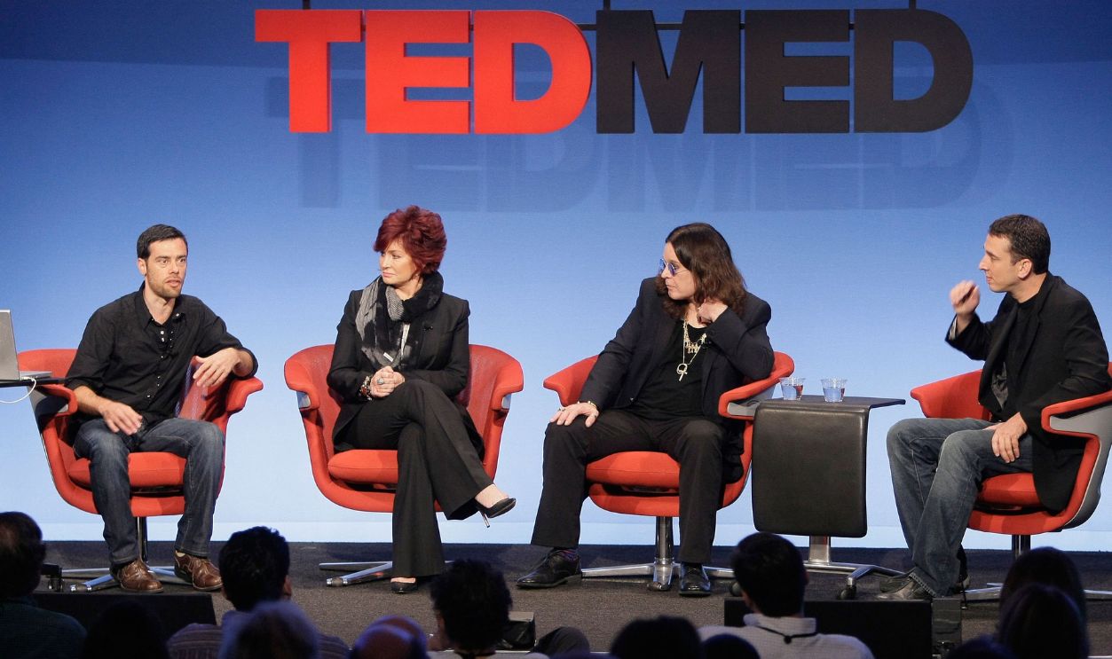 (L-R) Genomicist Nathaniel Pearson, Sharon Osbourne, Ozzy Osbourne and TEDMED President Marc Hodosh on stage for the final session of TEDMED on October 29, 2010 in San Diego, California.