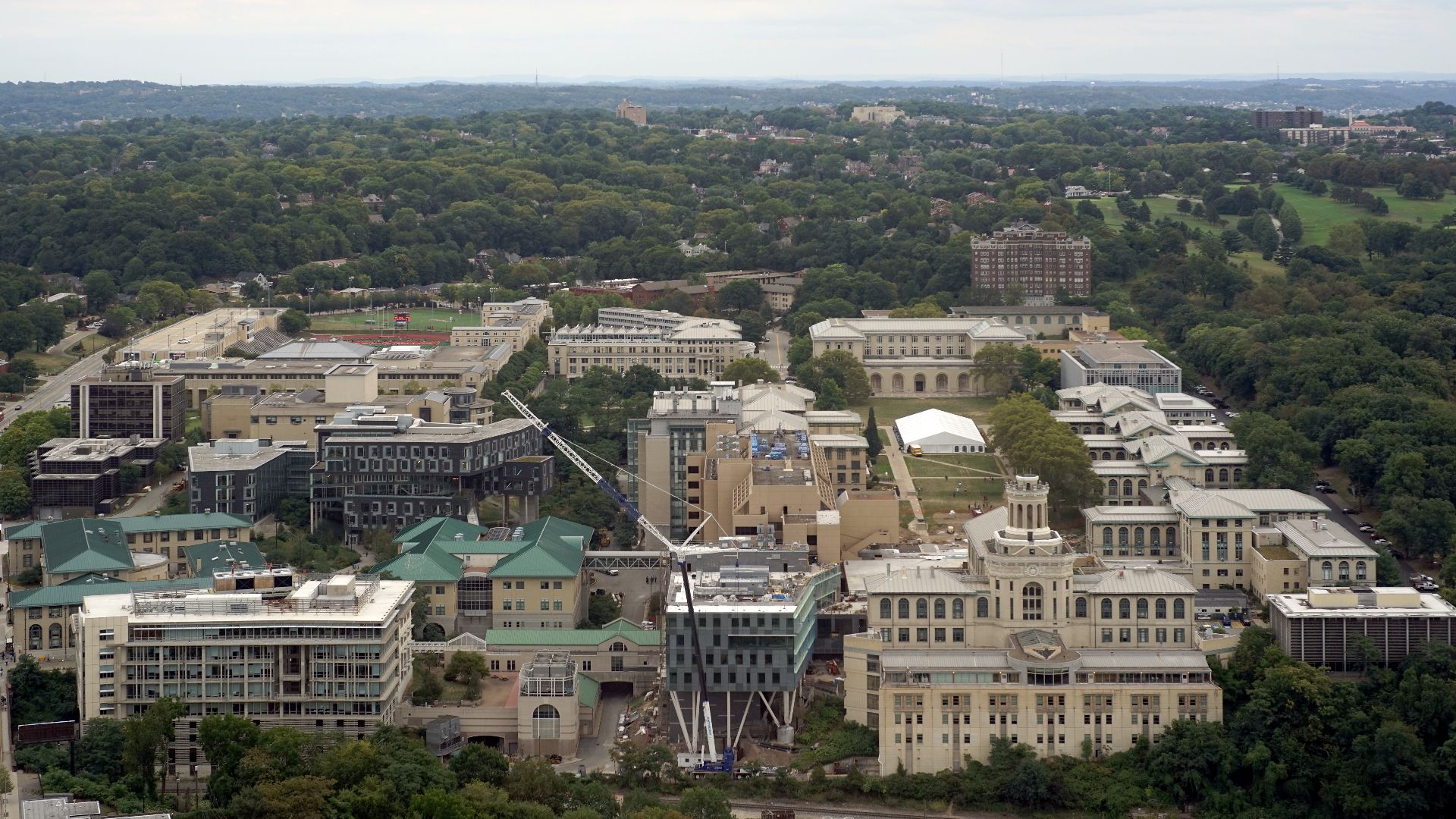 The main campus of Carnegie Mellon University in Pittsburgh as seen from the 36th floor of the Cathedral of Learning.