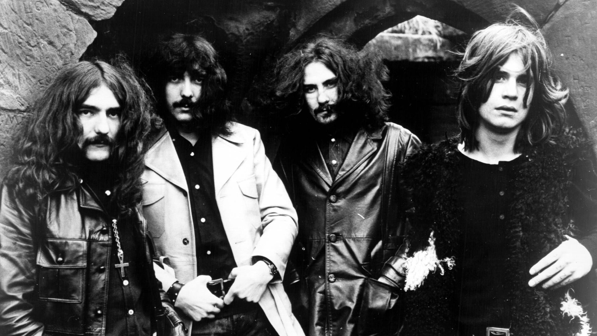 Trade ad for Black Sabbath's album Black Sabbath (1970). From left to right: Geezer Butler, Tony Iommi, Bill Ward, Ozzy Osbourne.